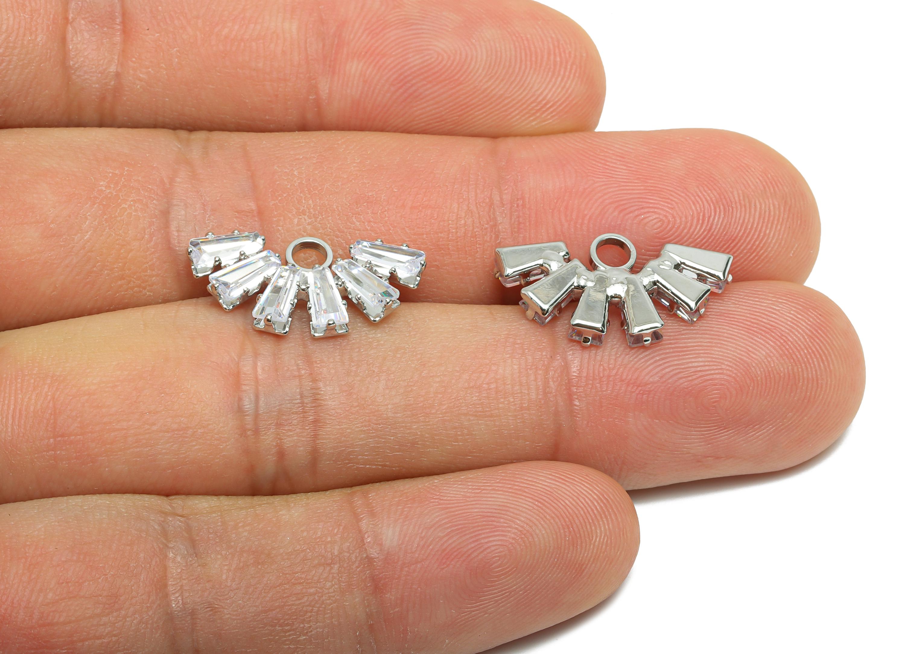 Brass Fan Earring Charm - Semicircle Earring Charm - Dainty Zircon Pendant for Necklace - 18K Real White Gold Plated -20x10x2.6mm- RGP10336 - DOMEDBAZAAR