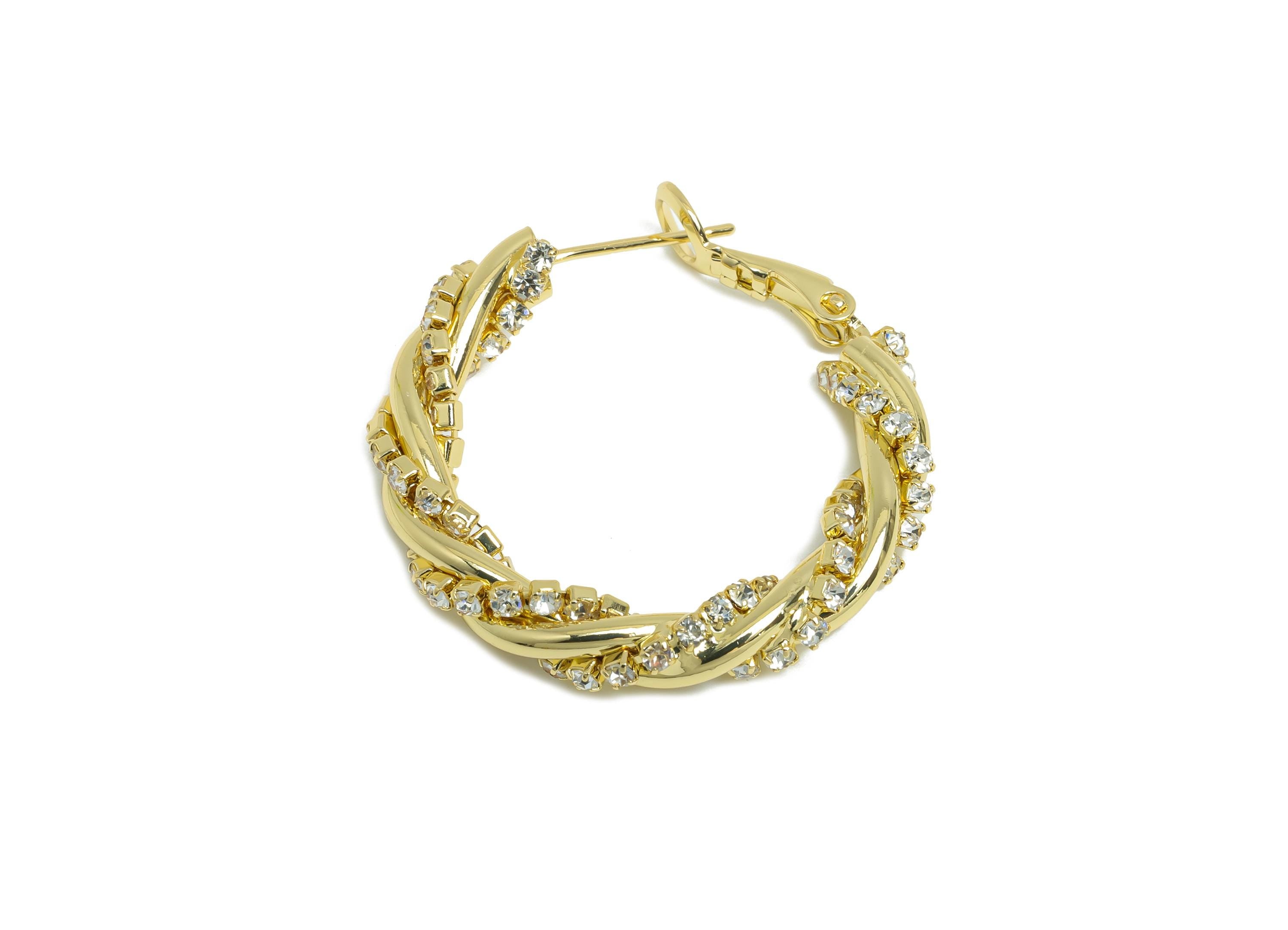 Brass Twisted Hoop Earring - Gold Round Luxurious Zircon Earring - Geometric Clasp Back Earring -14K Real Gold-Plated -30x26x4mm -RGP9506-14 - DOMEDBAZAAR