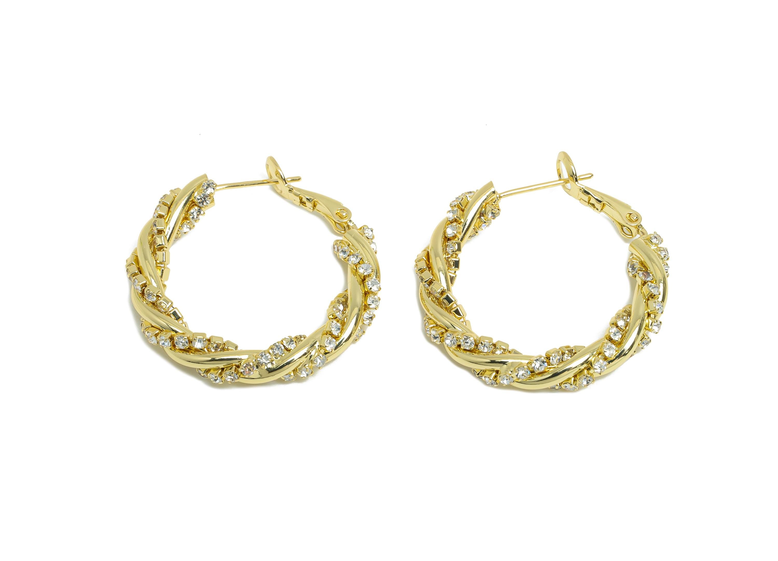 Brass Twisted Hoop Earring - Gold Round Luxurious Zircon Earring - Geometric Clasp Back Earring -14K Real Gold-Plated -30x26x4mm -RGP9506-14 - DOMEDBAZAAR