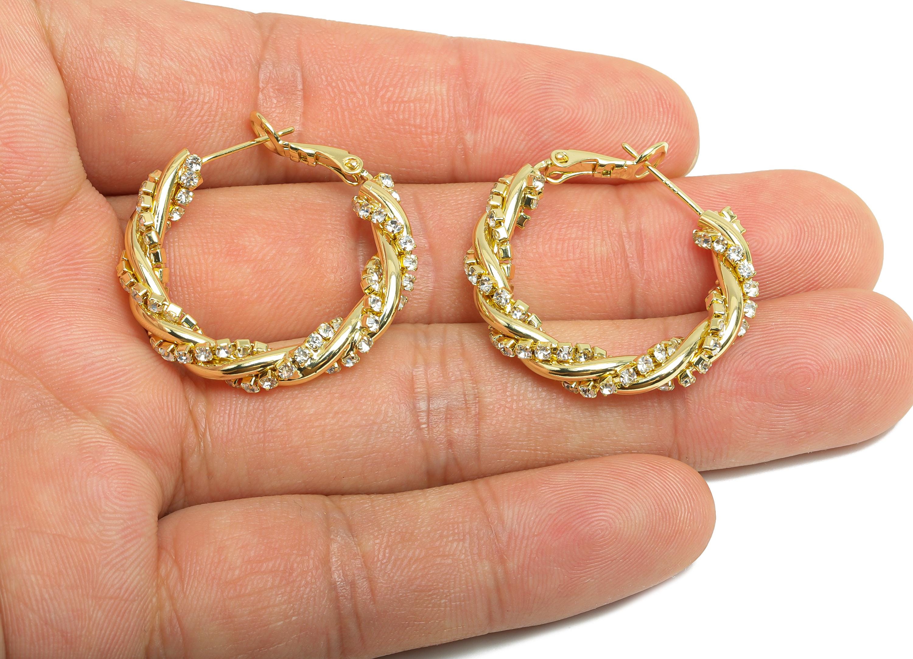 Brass Twisted Hoop Earring - Gold Round Luxurious Zircon Earring - Geometric Clasp Back Earring -14K Real Gold-Plated -30x26x4mm -RGP9506-14 - DOMEDBAZAAR