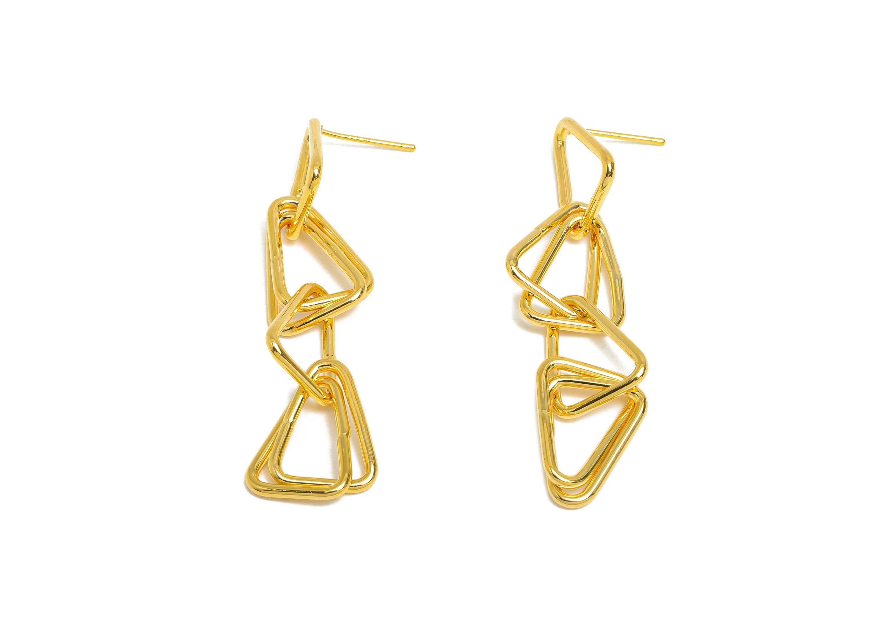Triangle Ring Dangle Earring - Brass Long Interlock Earring Post - Gold Dangle Geometric Earring - 18K Gold Plated -47x12.3x1.5mm - RGP9513 - DOMEDBAZAAR