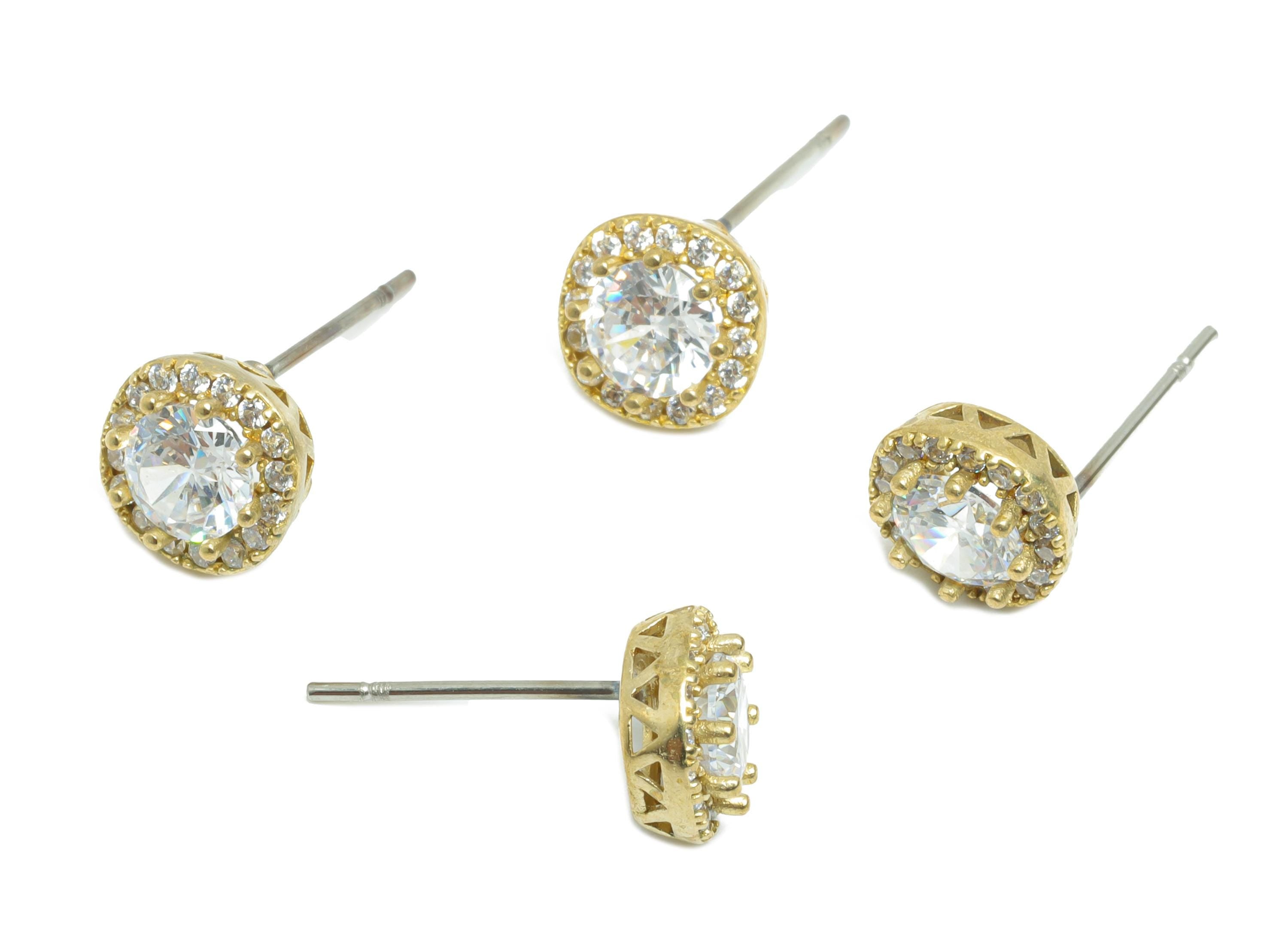 Halo Stud Earring - Raw Brass Round-Cut Shiny Gemstone Stud - Minimalist Gem Earring Post - Dainty Rhinestone Earring - 16x7x4mm - PP11021 - DOMEDBAZAAR