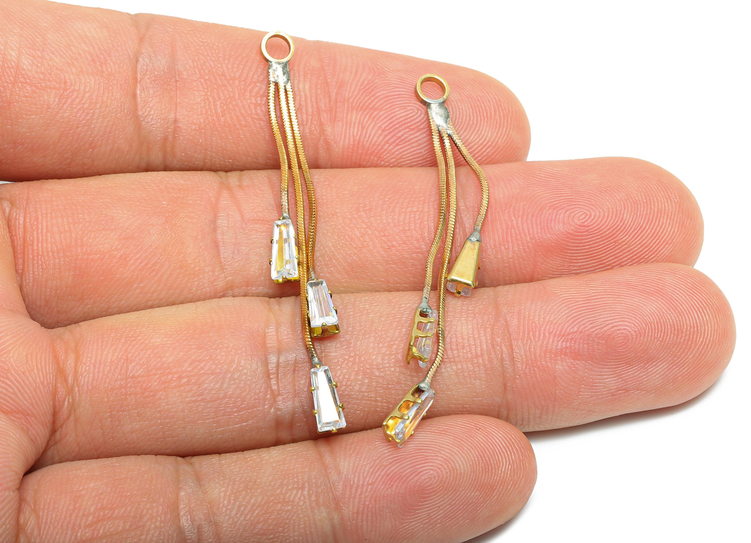 Crystal Dangle Charm - Raw Brass Sparking Earring - Dainty Zircon Dangling Charm with Crystals - Faceted Dangle Charm - 52x3x2mm - PP10989 - DOMEDBAZAAR