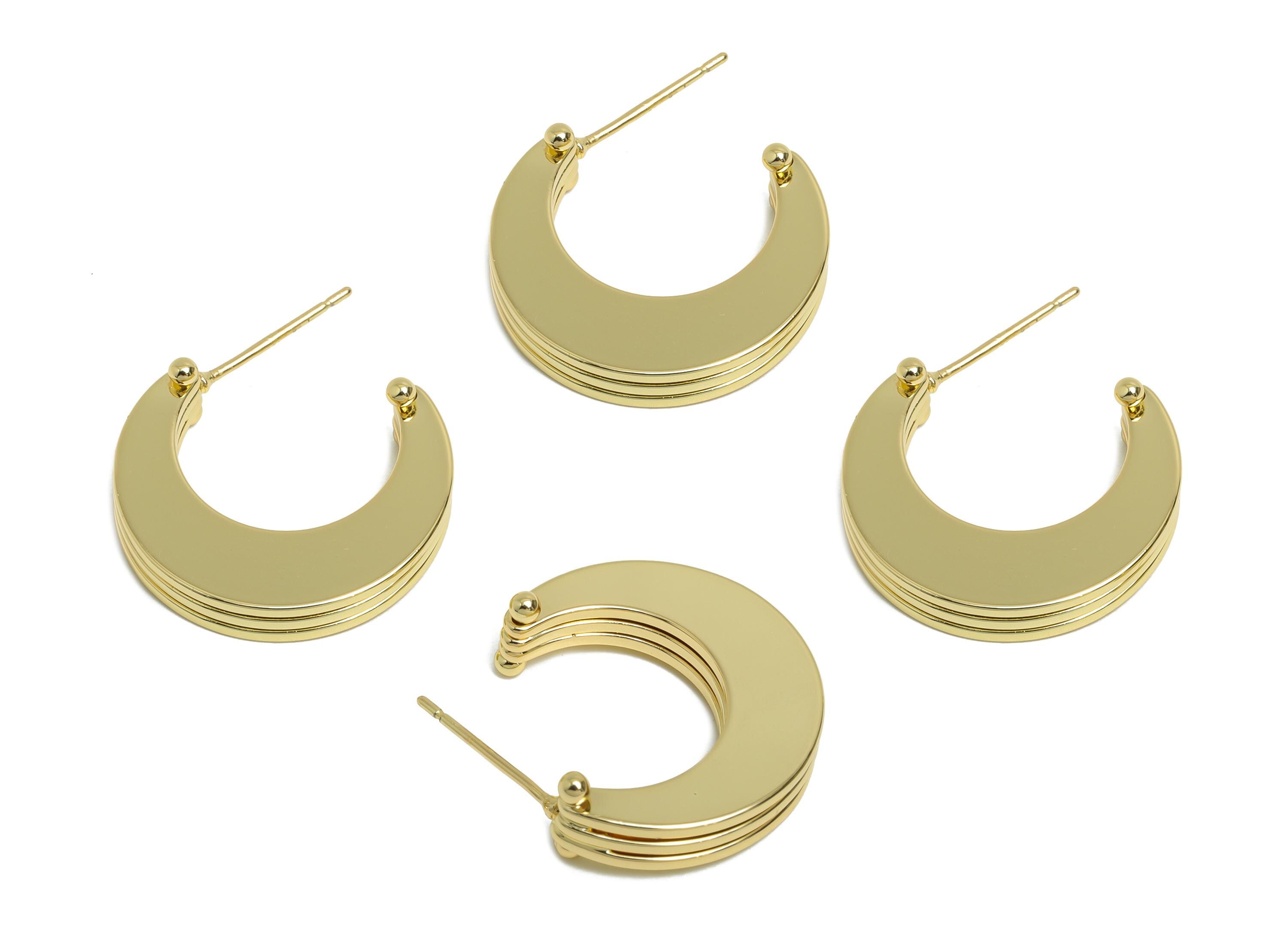 Brass Stacked Crescent Stud Earring - Gold 3 Layers Moon Earring Post - Statement Earring Post -14K Real Gold Plated -21x18x3.4mm-RGP9531-14 - DOMEDBAZAAR