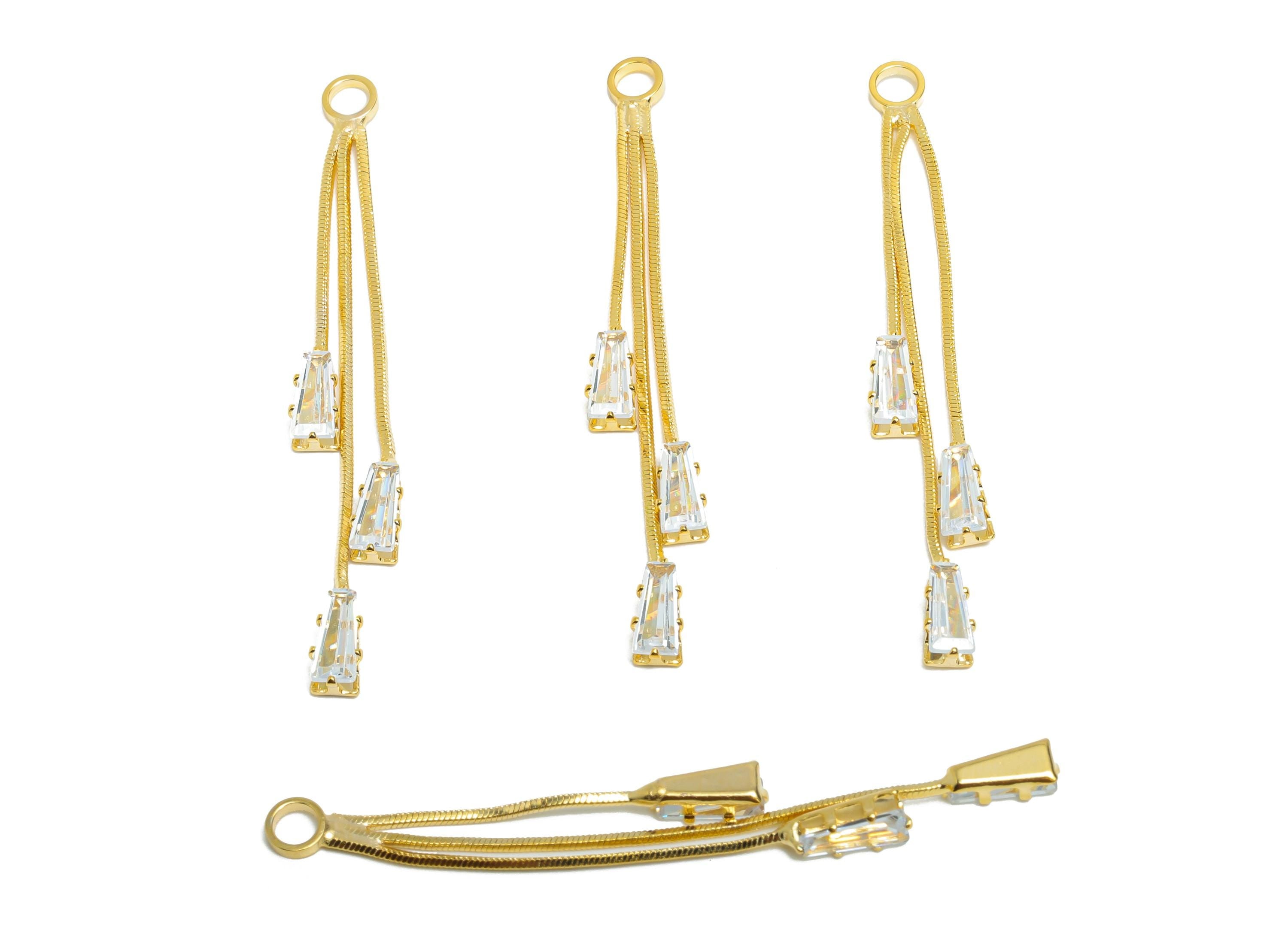 Crystal Dangle Charm - Brass Sparking Earring - Dainty Zircon Dangling Charm with Crystals - Gold Dangle Charm - 52x3x2mm - RGP10333 - DOMEDBAZAAR