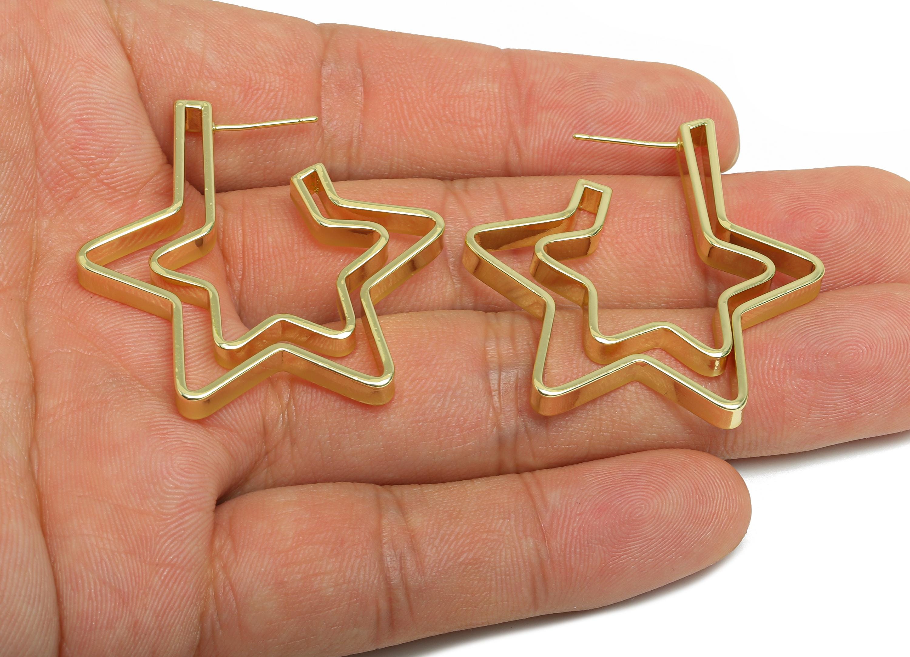 Brass Star Hoop Stud Earring - Gold Double Layer Star Earring Post - Statement Earring Post -14K Real Gold Plated -37.4x34.5x4mm -RGP9527-14 - DOMEDBAZAAR