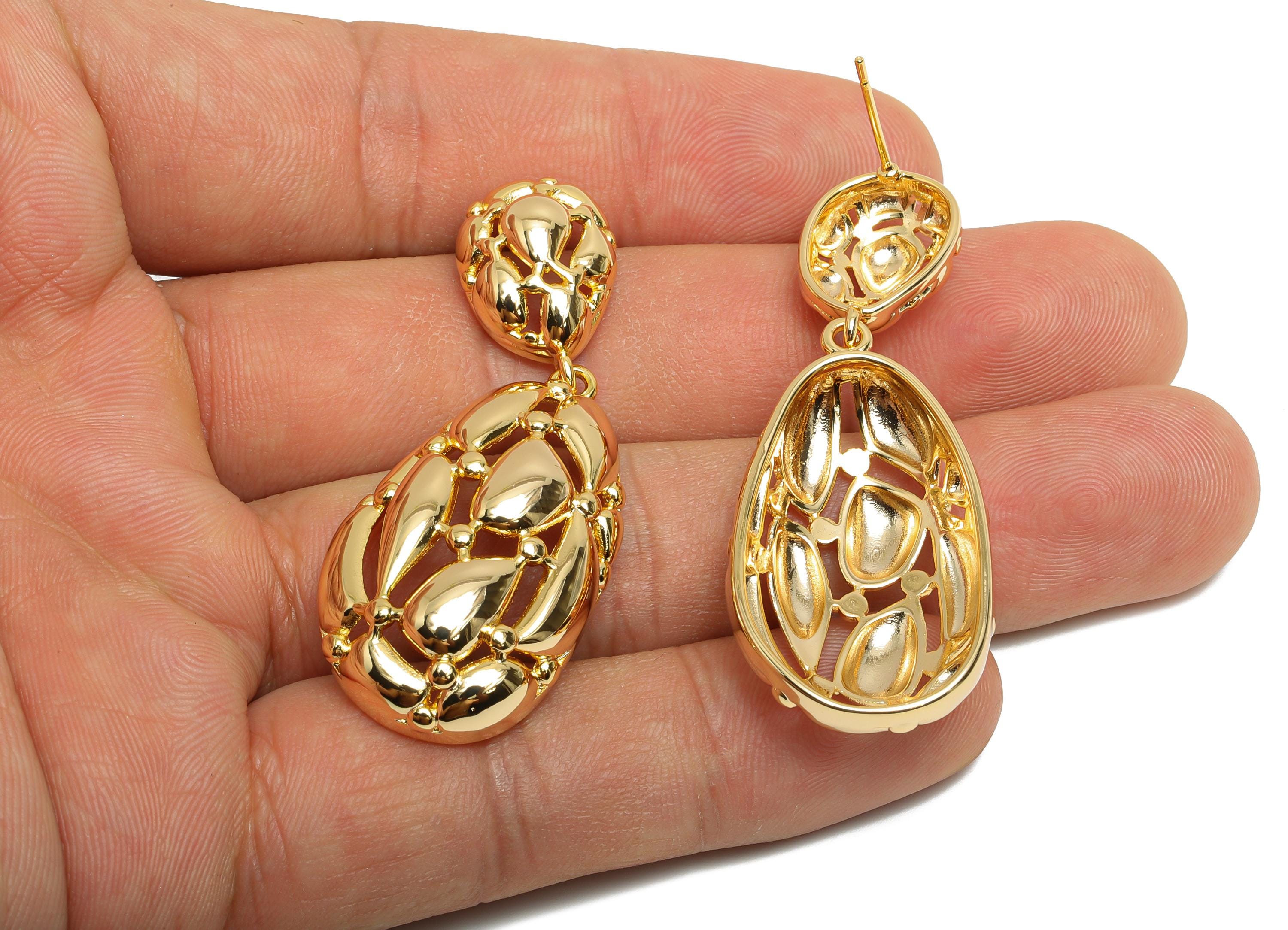 Bold Drop Earring Stud - Brass Dangle Earring Stud - Dainty Intricate Dangle Earring - Gold Teardrop Earring Stud - 51x19x8mm - RGP10327 - DOMEDBAZAAR