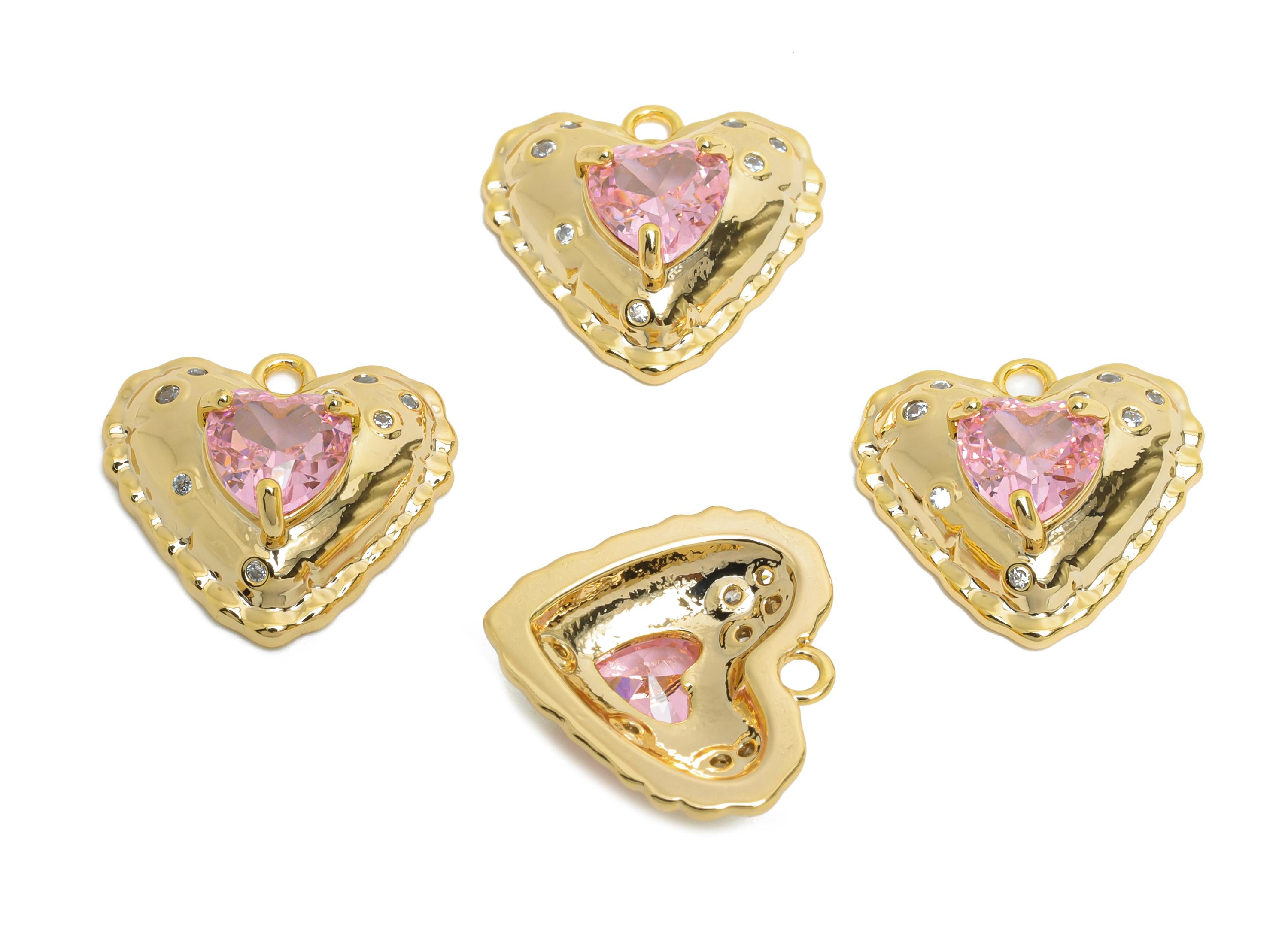 Sparkling Brass Heart Pendant - Dainty Zircon Gold Heart Charm - Valentine's Day Jewelry - 18K Real Gold Plated - 14.6x14.3x5.5mm - RGP9890 - DOMEDBAZAAR