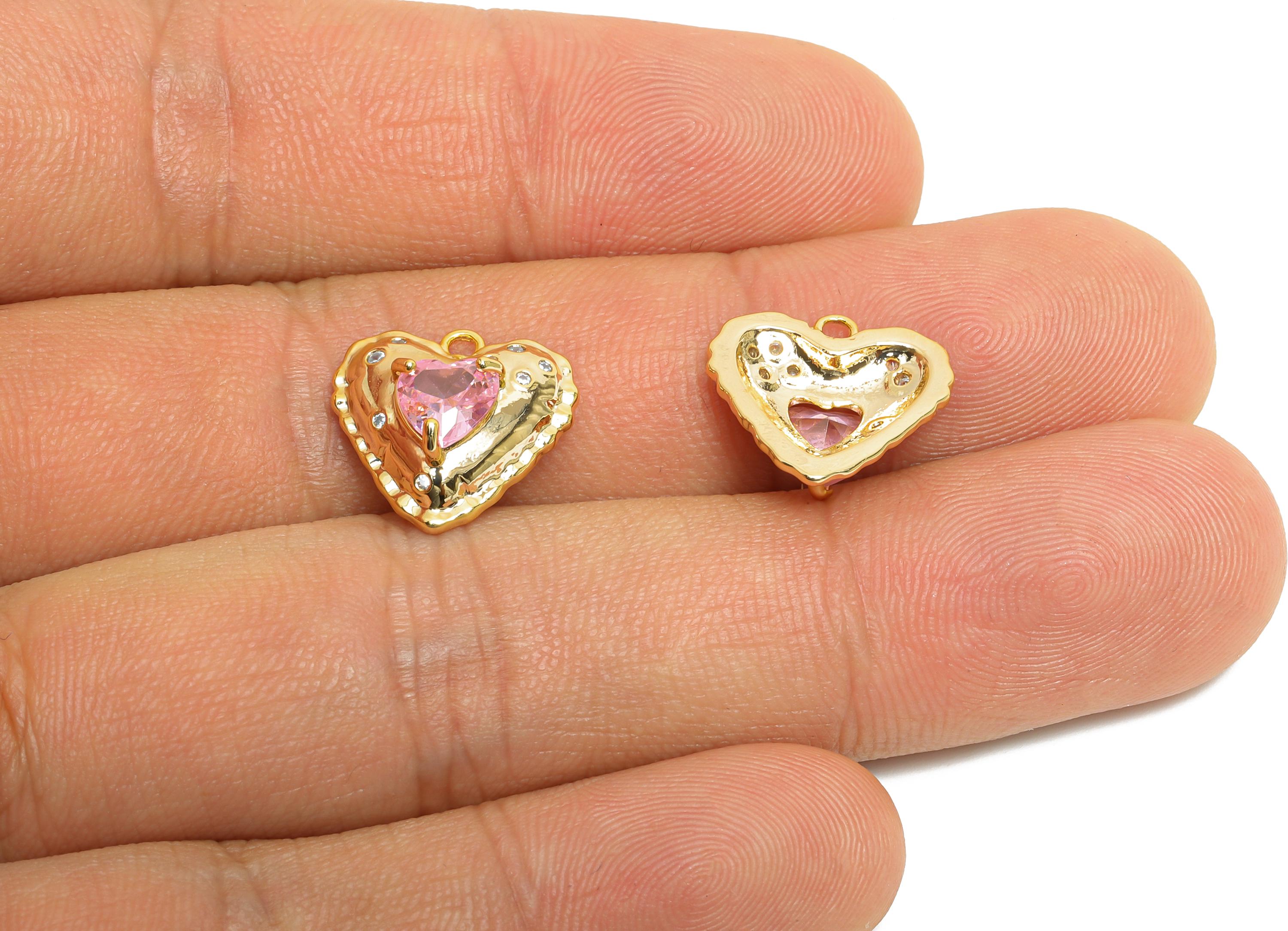 Sparkling Brass Heart Pendant - Dainty Zircon Gold Heart Charm - Valentine's Day Jewelry - 18K Real Gold Plated - 14.6x14.3x5.5mm - RGP9890 - DOMEDBAZAAR
