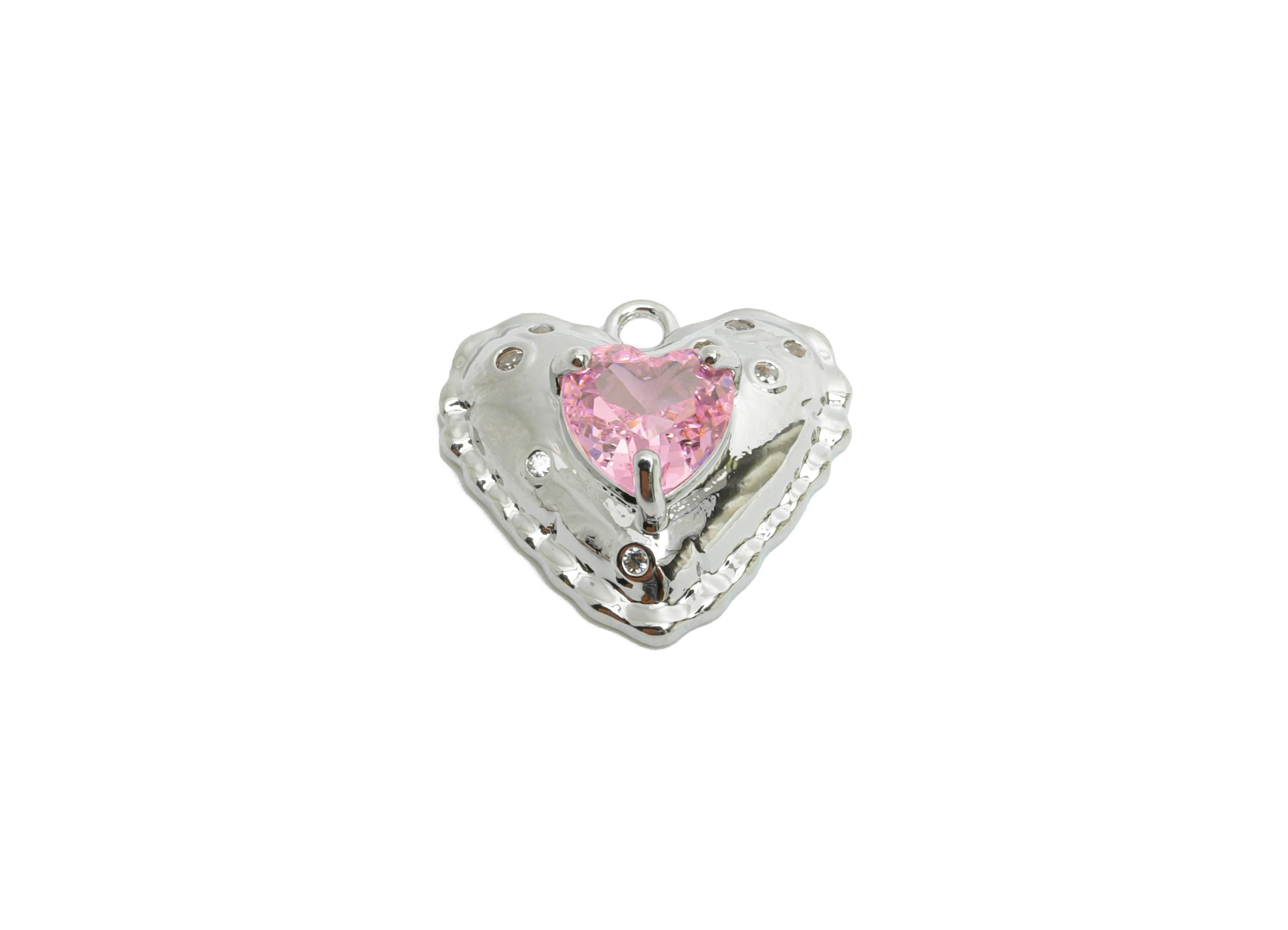 Sparkling Brass Heart Pendant - Dainty Zircon Silver Heart Charm - Valentine's Day Jewelry - 18K White Gold Plated -14.6x14.3x5.5mm-RGP9890S - DOMEDBAZAAR