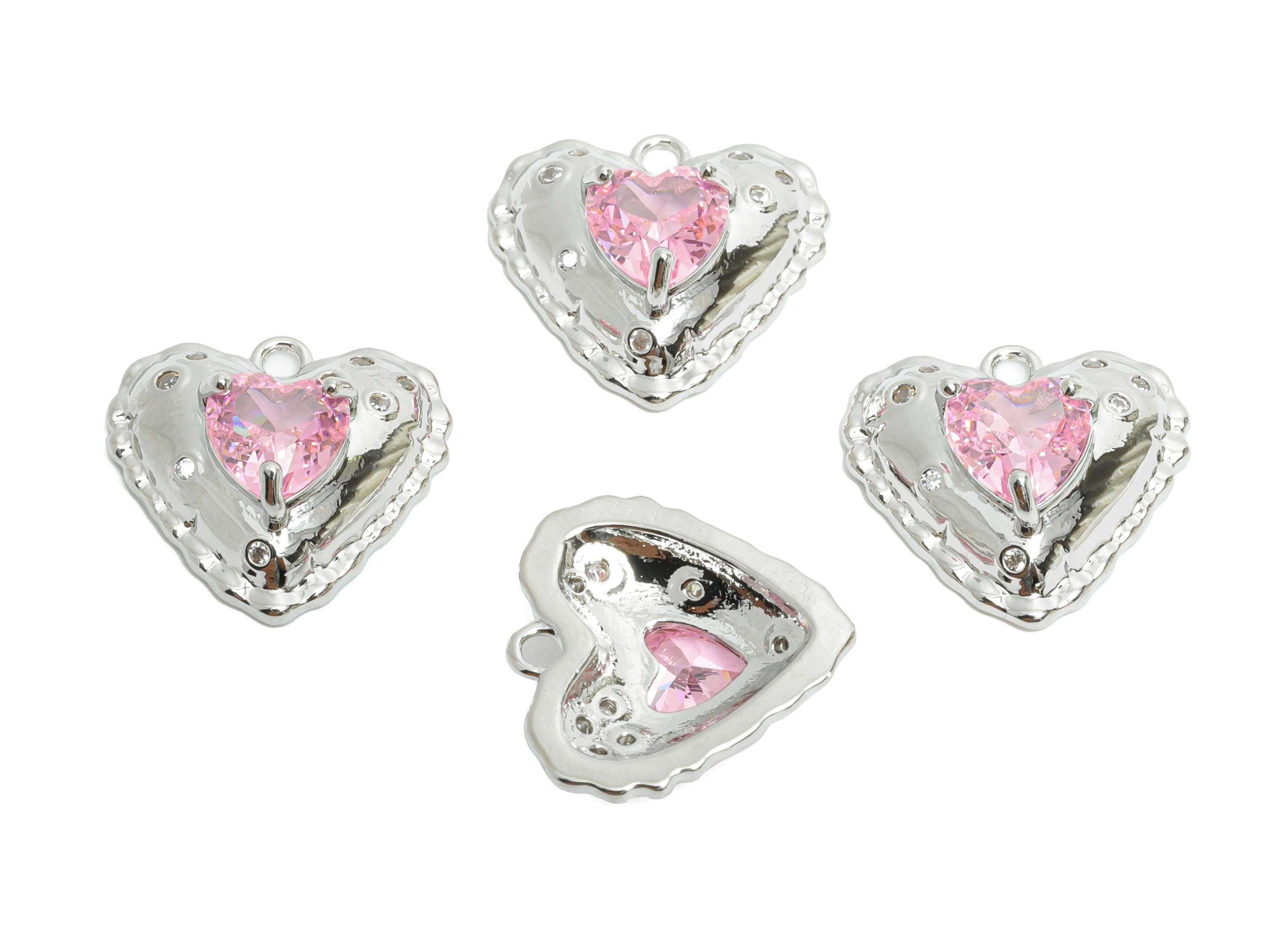 Sparkling Brass Heart Pendant - Dainty Zircon Silver Heart Charm - Valentine's Day Jewelry - 18K White Gold Plated -14.6x14.3x5.5mm-RGP9890S - DOMEDBAZAAR