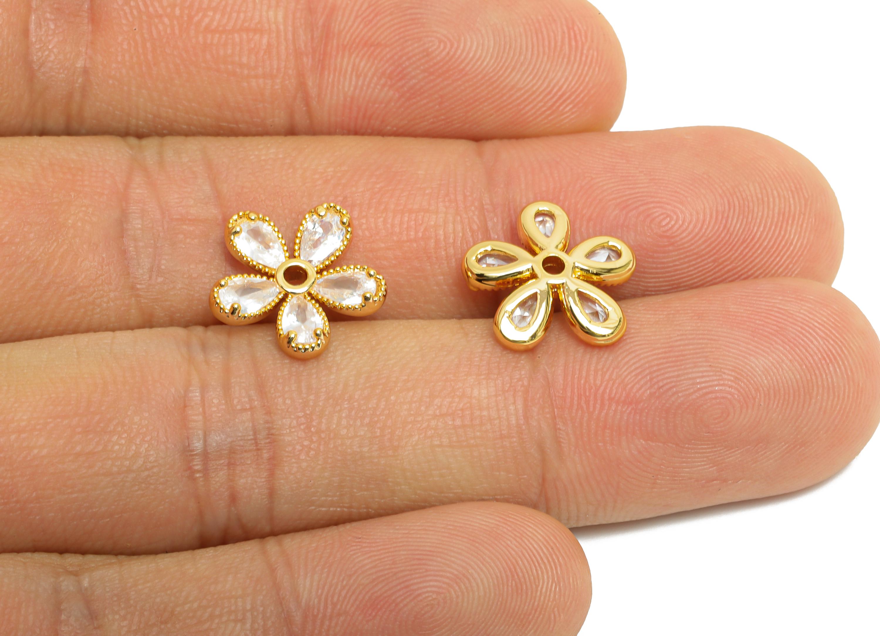 Brass CZ Daisy Earring Charm - Gold Zircon Flower Botanical Charms - Dainty Jewelry Accessories - 18K Real Gold Plated - 13x13x3mm - RGP9902 - DOMEDBAZAAR