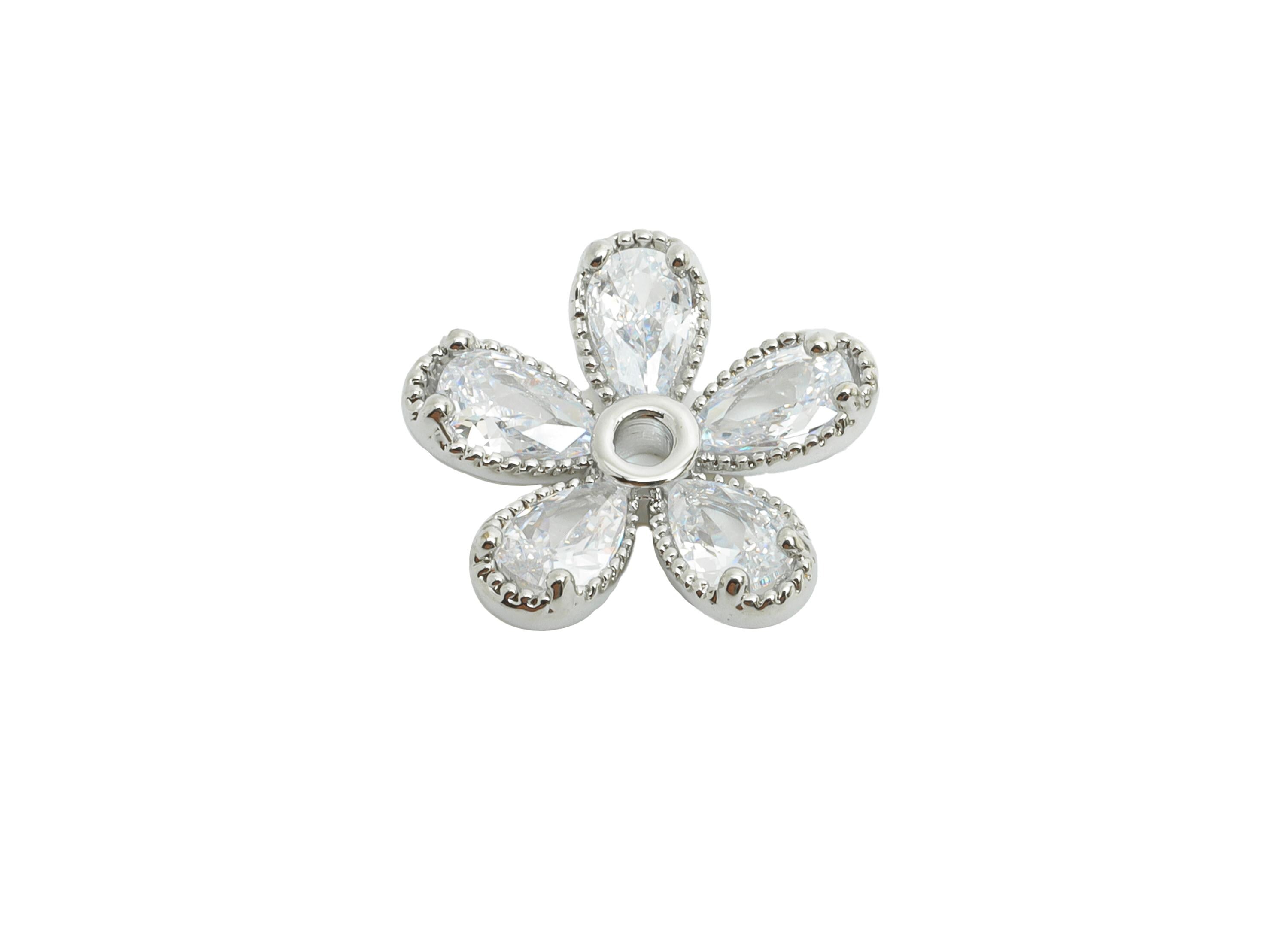 Brass CZ Daisy Earring Charm - Silver Zircon Flower Botanical Charm - Dainty Jewelry Accessories - 18K White Gold Plated -13x13x3mm-RGP9902S - DOMEDBAZAAR