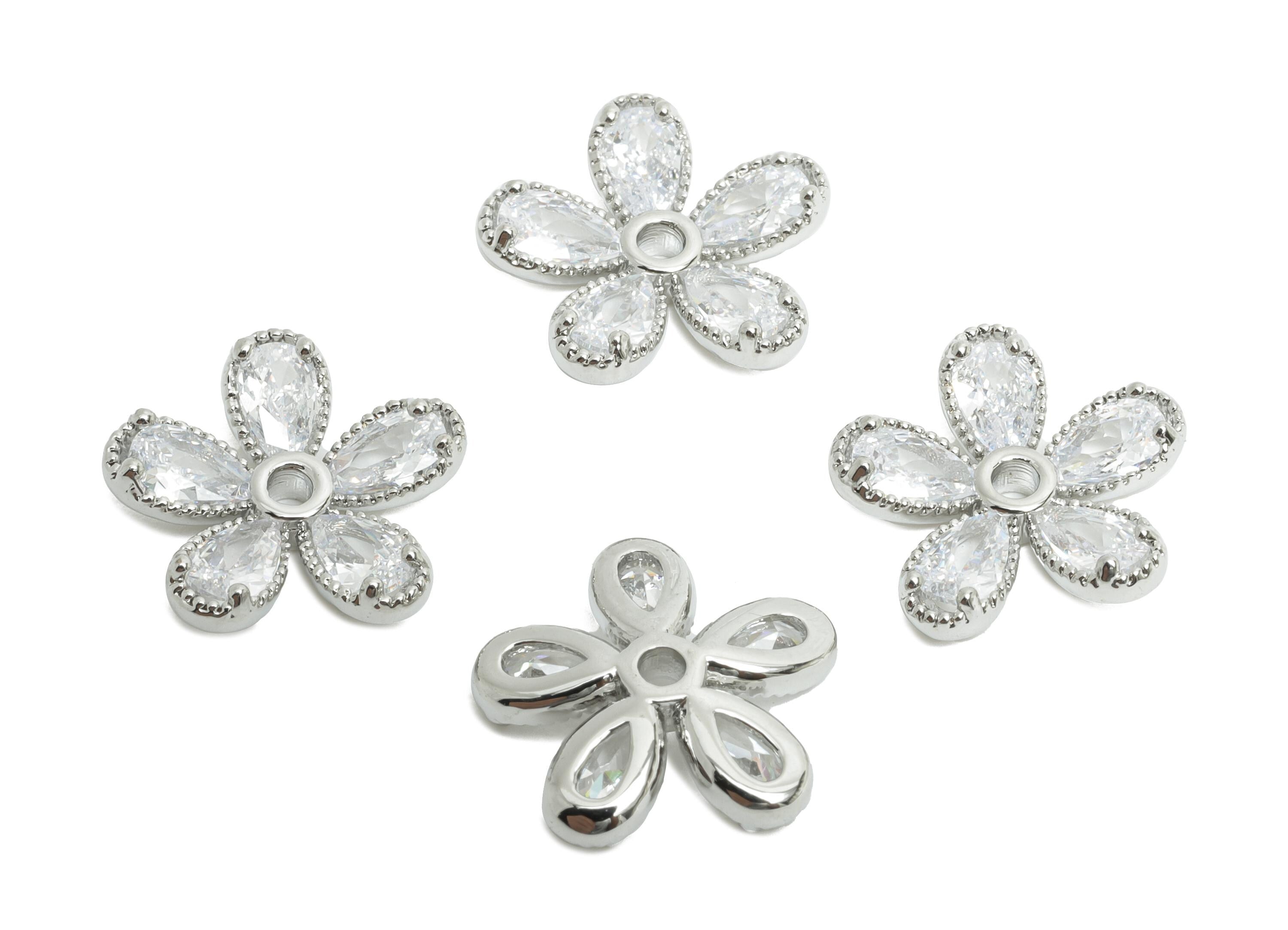 Brass CZ Daisy Earring Charm - Silver Zircon Flower Botanical Charm - Dainty Jewelry Accessories - 18K White Gold Plated -13x13x3mm-RGP9902S - DOMEDBAZAAR