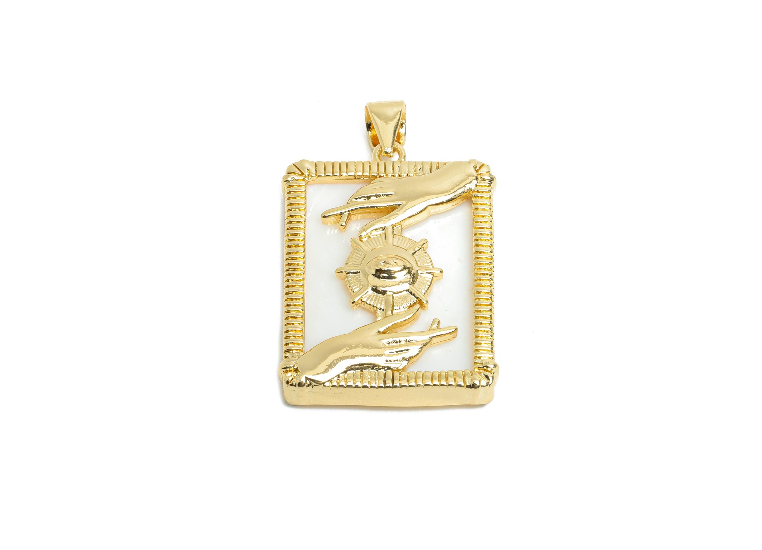 Brass Evil Eye and Hand Pendant - Rectangular Shell Necklace Pendant - Bold Artistic Jewelry - 18K Real Gold Plated - 24.47x18x4mm - RGP9741 - DOMEDBAZAAR