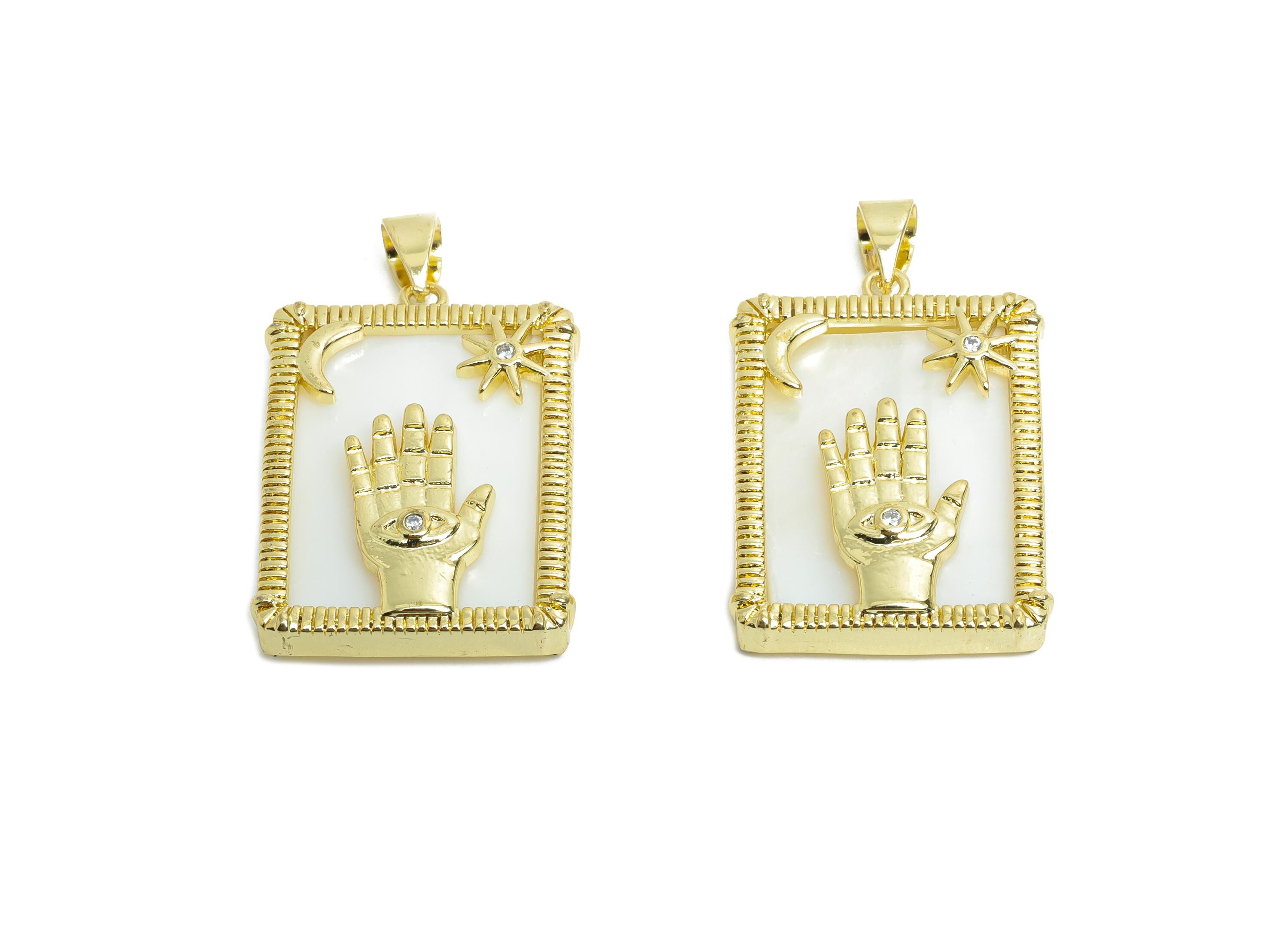 Brass Hamsa Pendant - Rectangular Shell Moon Star Necklace Pendant - Bold Artistic Jewelry - 18K Real Gold Plated - 24.55x18x4mm - RGP9742 - DOMEDBAZAAR