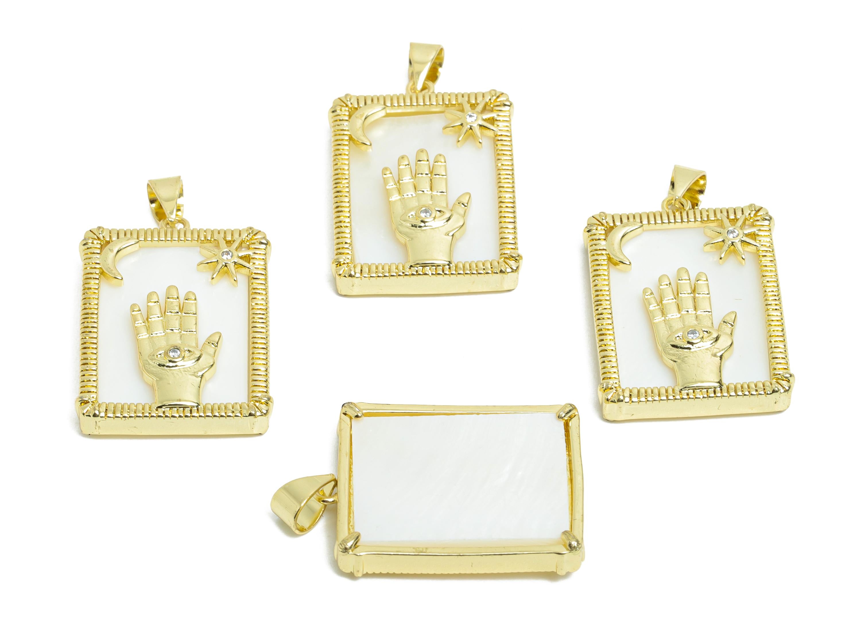 Brass Hamsa Pendant - Rectangular Shell Moon Star Necklace Pendant - Bold Artistic Jewelry - 18K Real Gold Plated - 24.55x18x4mm - RGP9742 - DOMEDBAZAAR