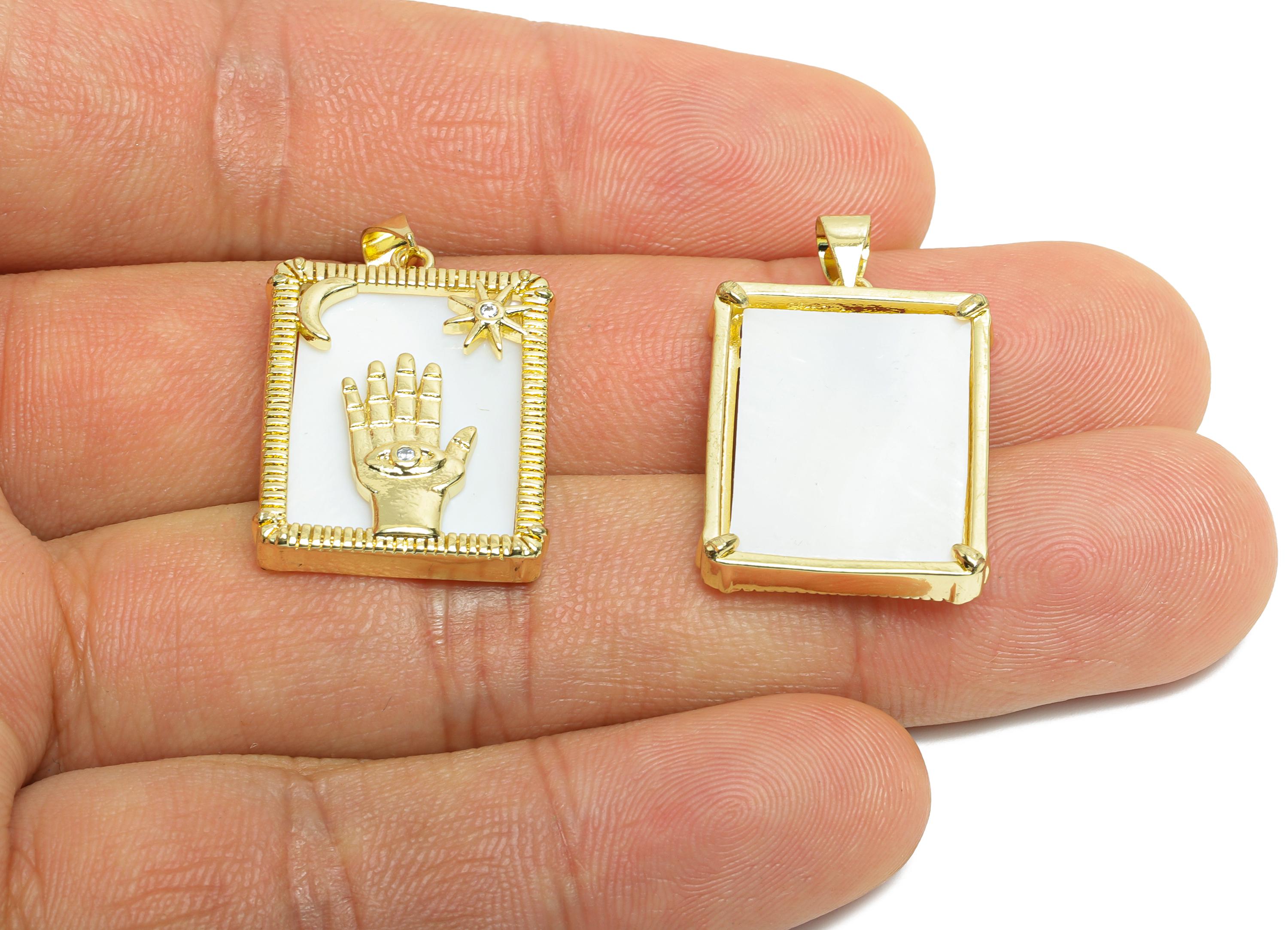 Brass Hamsa Pendant - Rectangular Shell Moon Star Necklace Pendant - Bold Artistic Jewelry - 18K Real Gold Plated - 24.55x18x4mm - RGP9742 - DOMEDBAZAAR