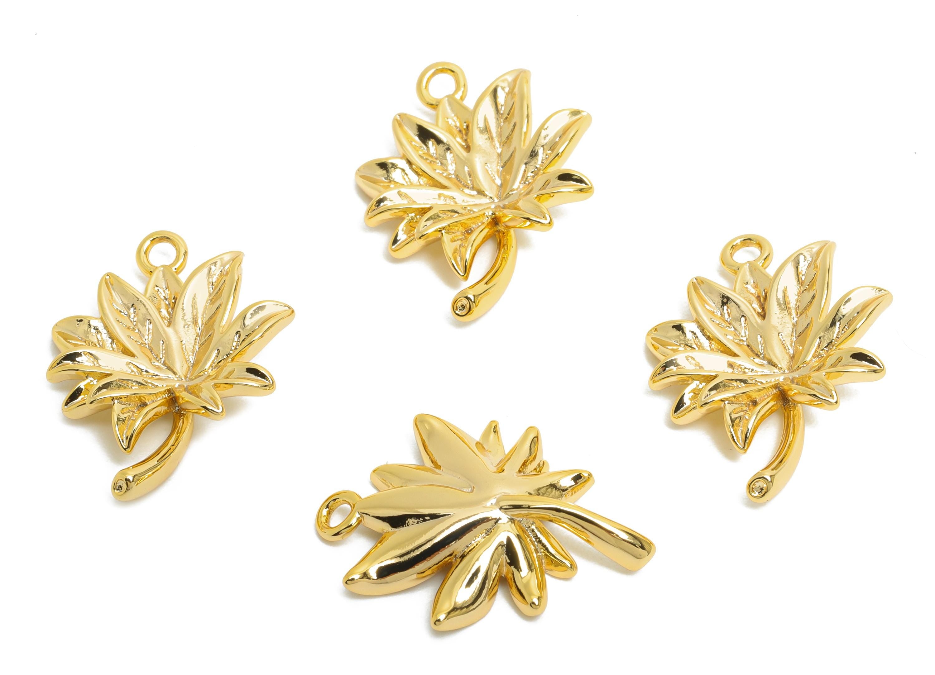 Brass Maple Leaf Earring Charms - Textured Gold Leaf Plant Pendant - Jewelry Accessories - 18K Real Gold Plated - 18.6x14x3.4mm - RGP9926 - DOMEDBAZAAR