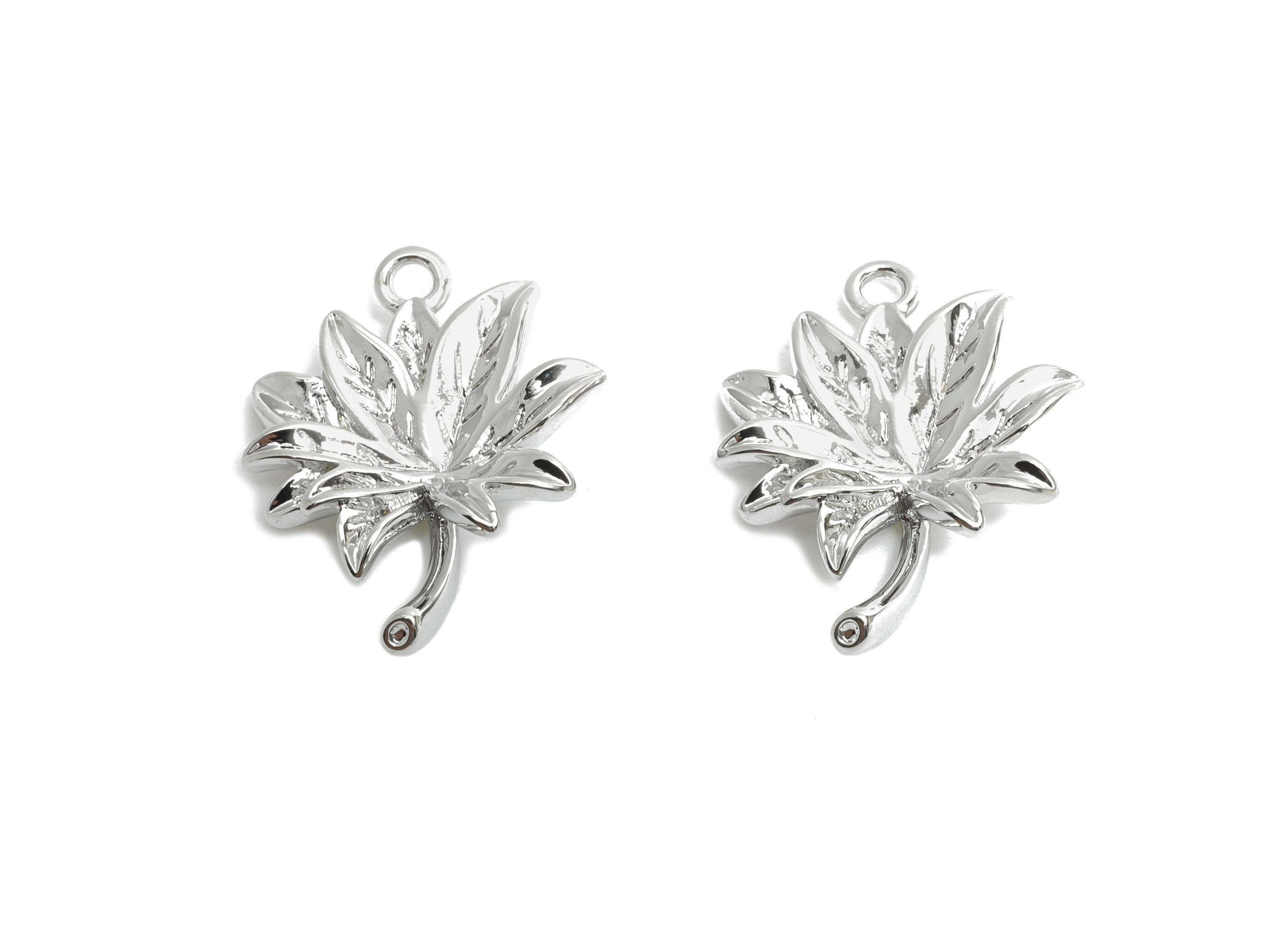 Brass Maple Leaf Earring Charm - Textured Silver Leaf Plant Pendant - Jewelry Accessories - 18K White Gold Plated - 18.6x14x3.4mm - RGP9926S - DOMEDBAZAAR