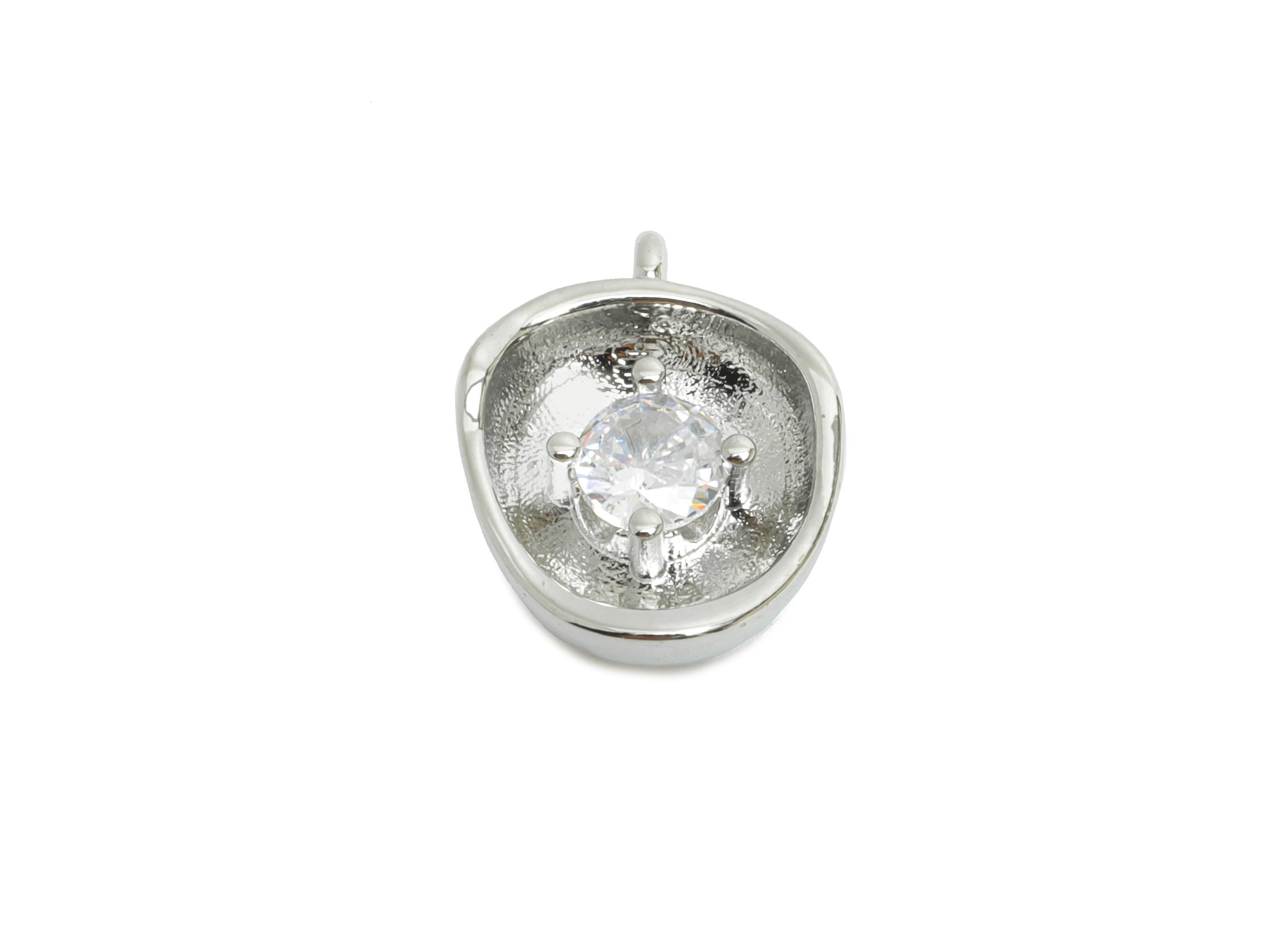 Brass Domed Artistic Earring Charm - Silver Glimmering Stone Charm - Zircon Geometric Jewelry - 18K White Gold Plated -13x10x3.92mm-RGP9929S - DOMEDBAZAAR