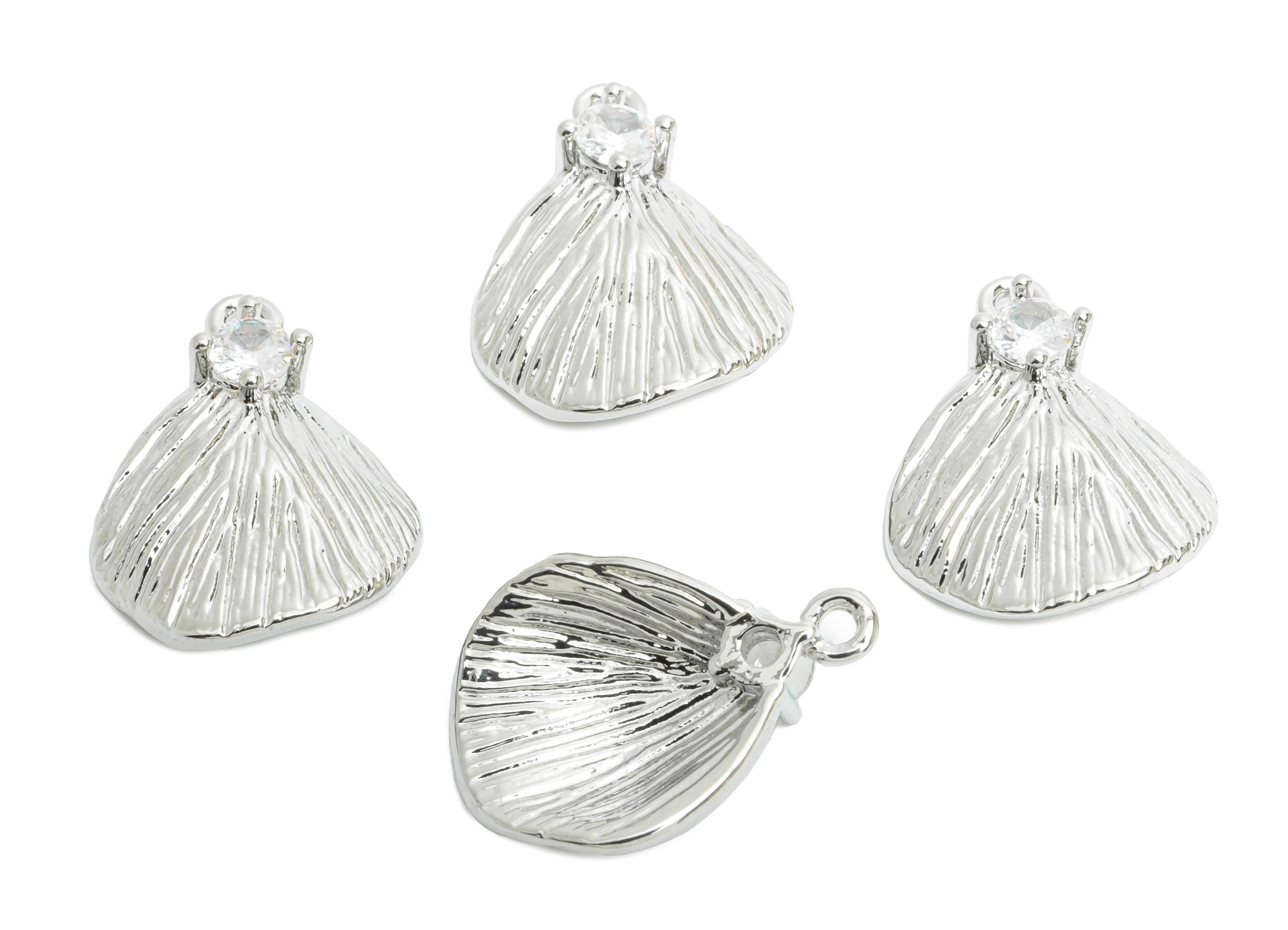 Brass CZ Seashell Charms - Silver Artistic Textured Earring Charm - Sparkling Zircon Jewelry - 18K White Gold Plated - 11x15x3mm - RGP9934S - DOMEDBAZAAR