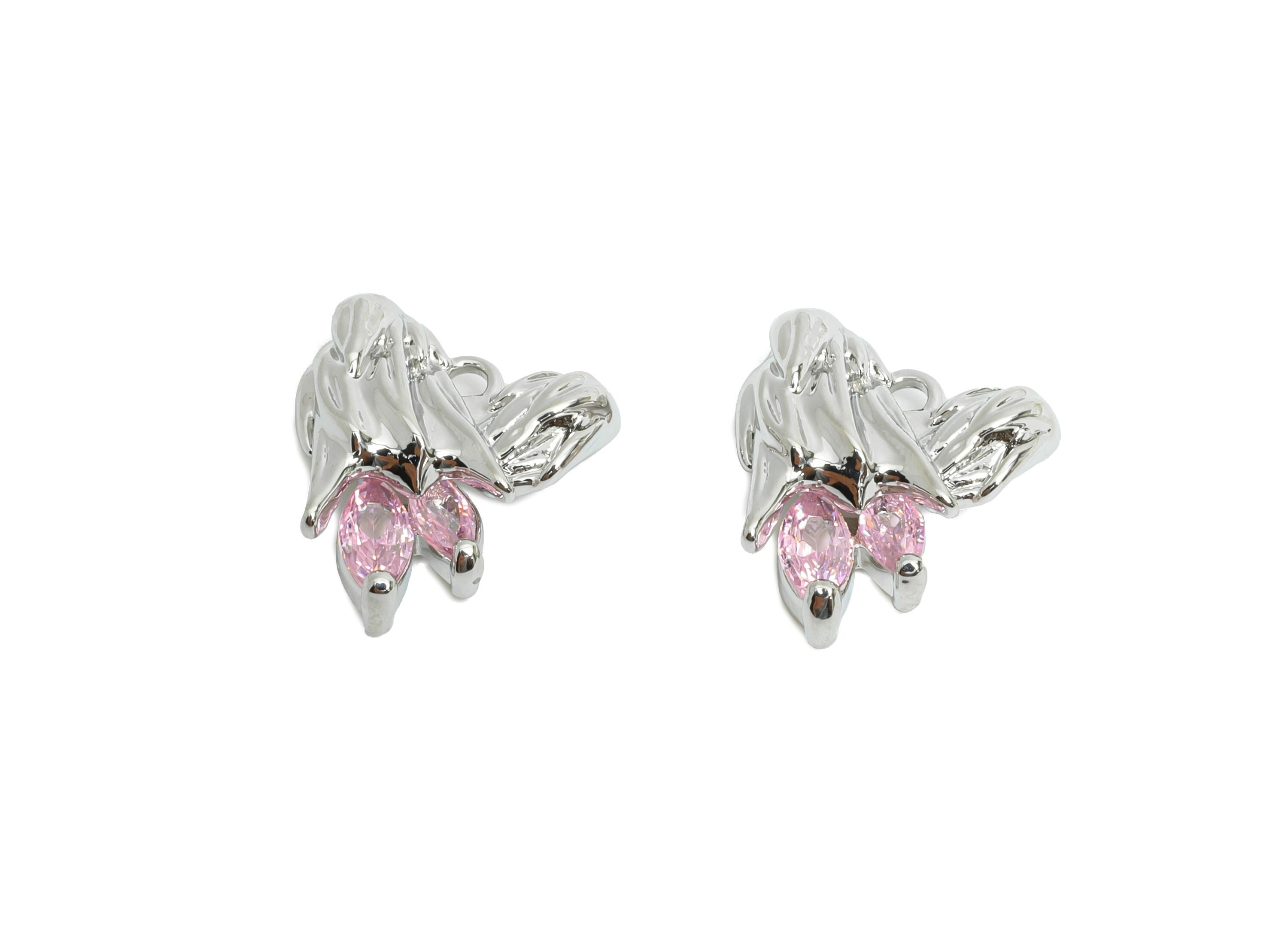 Brass CZ Floral Charm - Silver Zircon Textured Botanical Charm - Sparkling Jewelry - 18K Real White Gold Plated - 13.8x12.4x4.8mm - RGP9891S - DOMEDBAZAAR