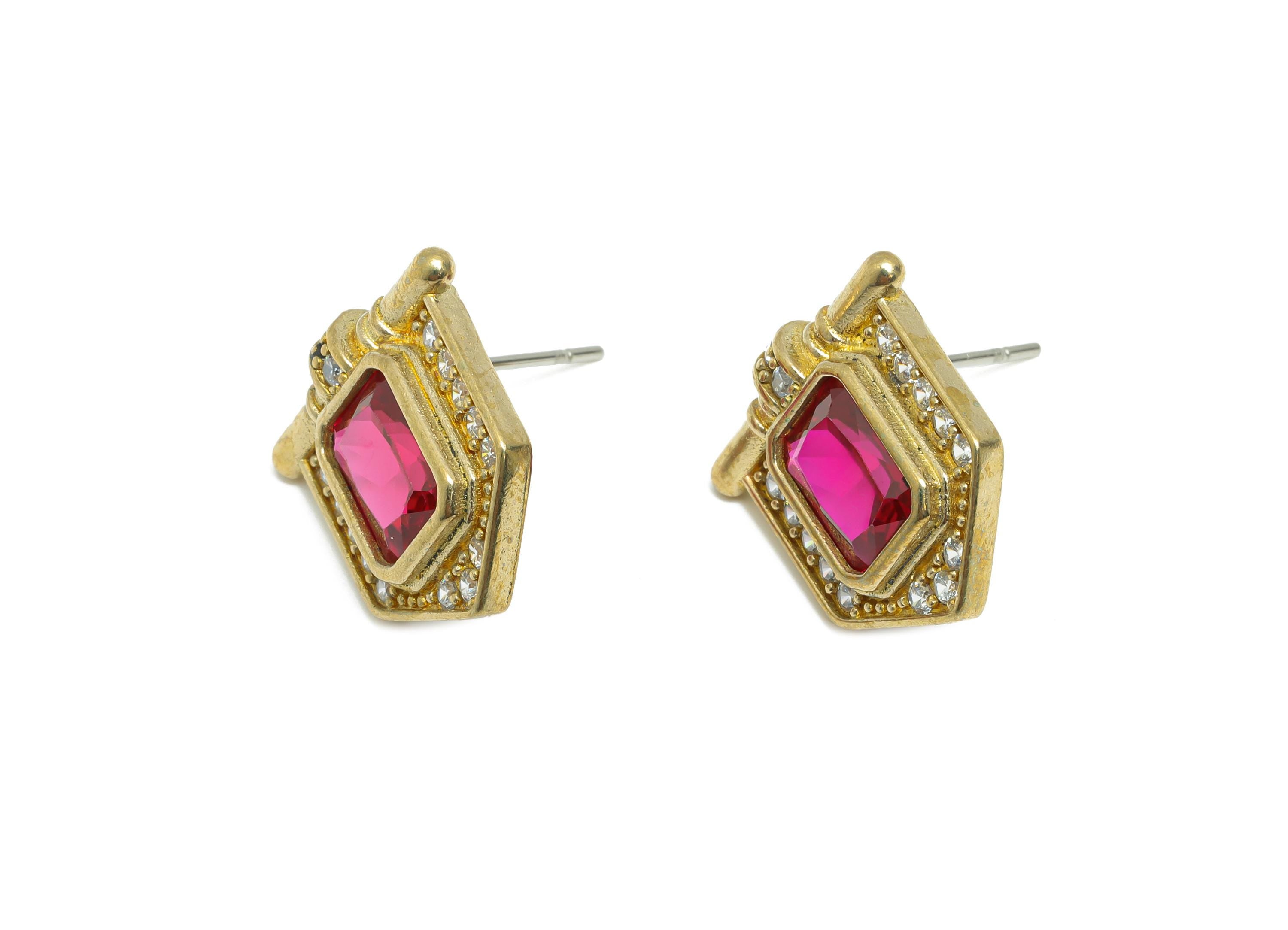 Red Gemstone Stud Earring - Raw Brass Vintage Gemstone Stud - Red Zircon Earring Post - Dainty Fashion Jewelry Earring  - 16x15x3mm -PP10985 - DOMEDBAZAAR