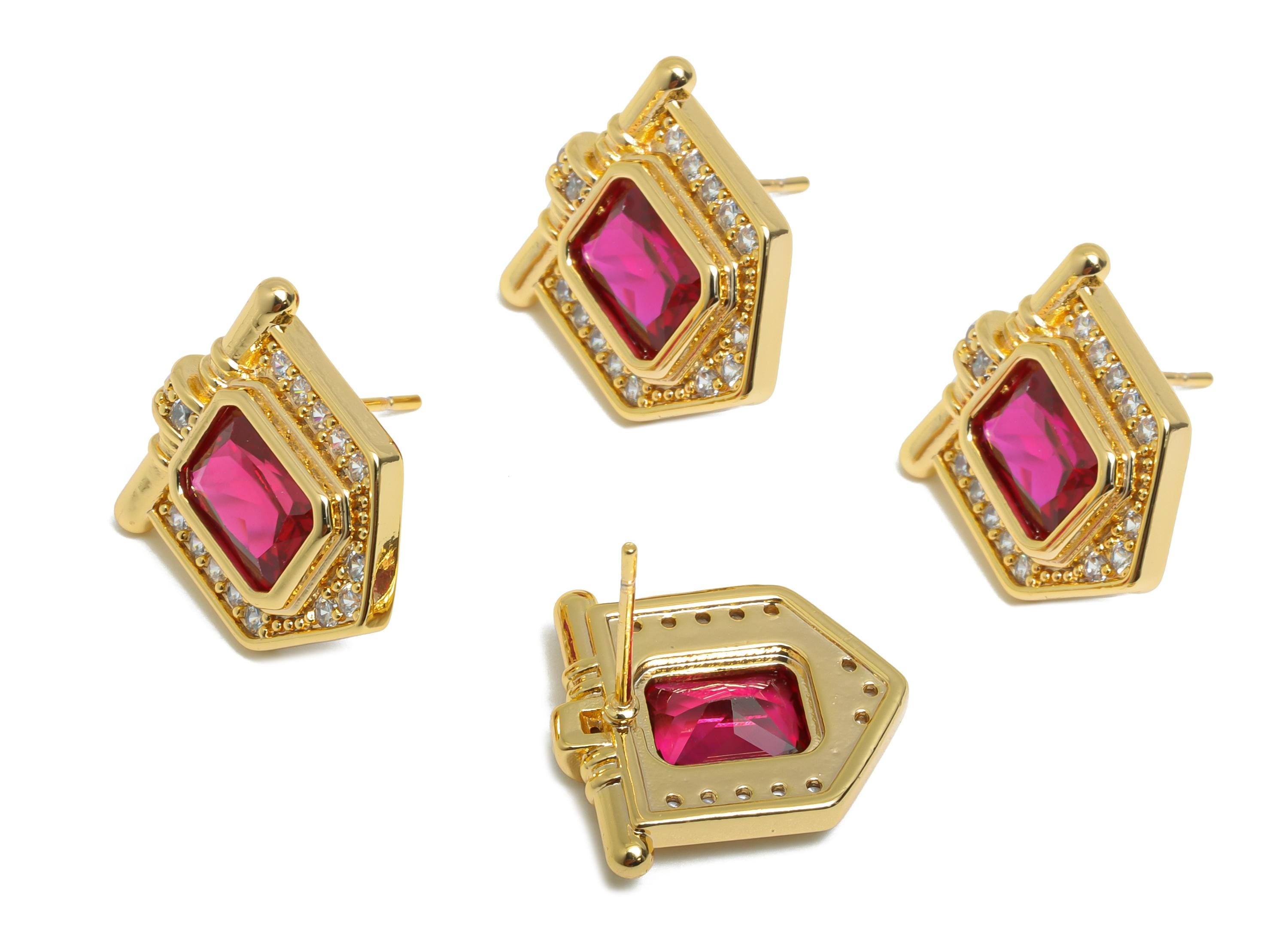 Red Gemstone Stud Earring - Brass Vintage Gemstone Stud - Gold Zircon Earring Post - Dainty Fashion Jewelry Earring - 16x15x3mm - RGP10322 - DOMEDBAZAAR