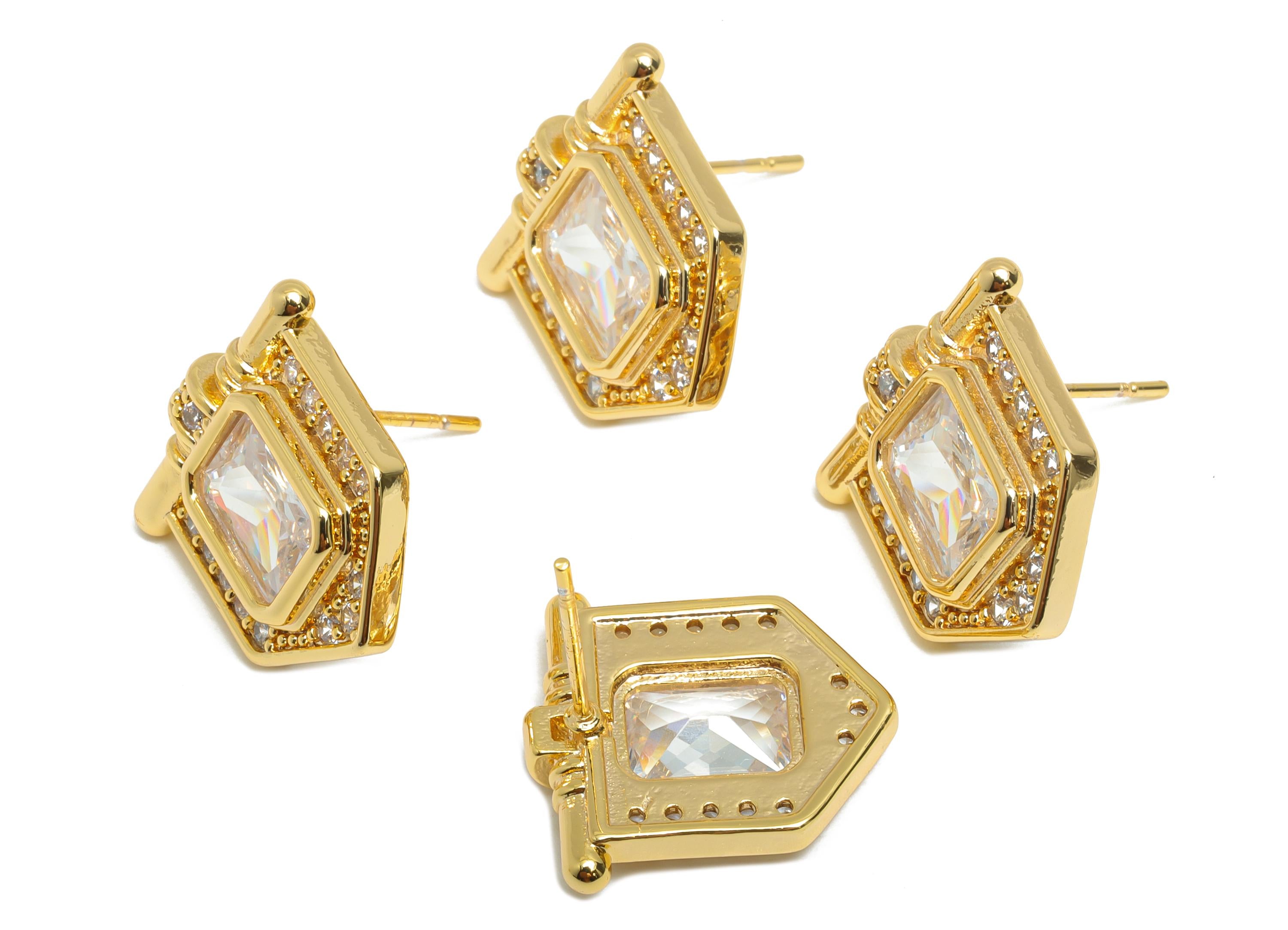 White Gemstone Stud Earring - Brass Vintage Gemstone Stud - Gold Zircon Earring Post - Dainty Fashion Jewelry Earring -16x16x3mm-RGP10320 - DOMEDBAZAAR