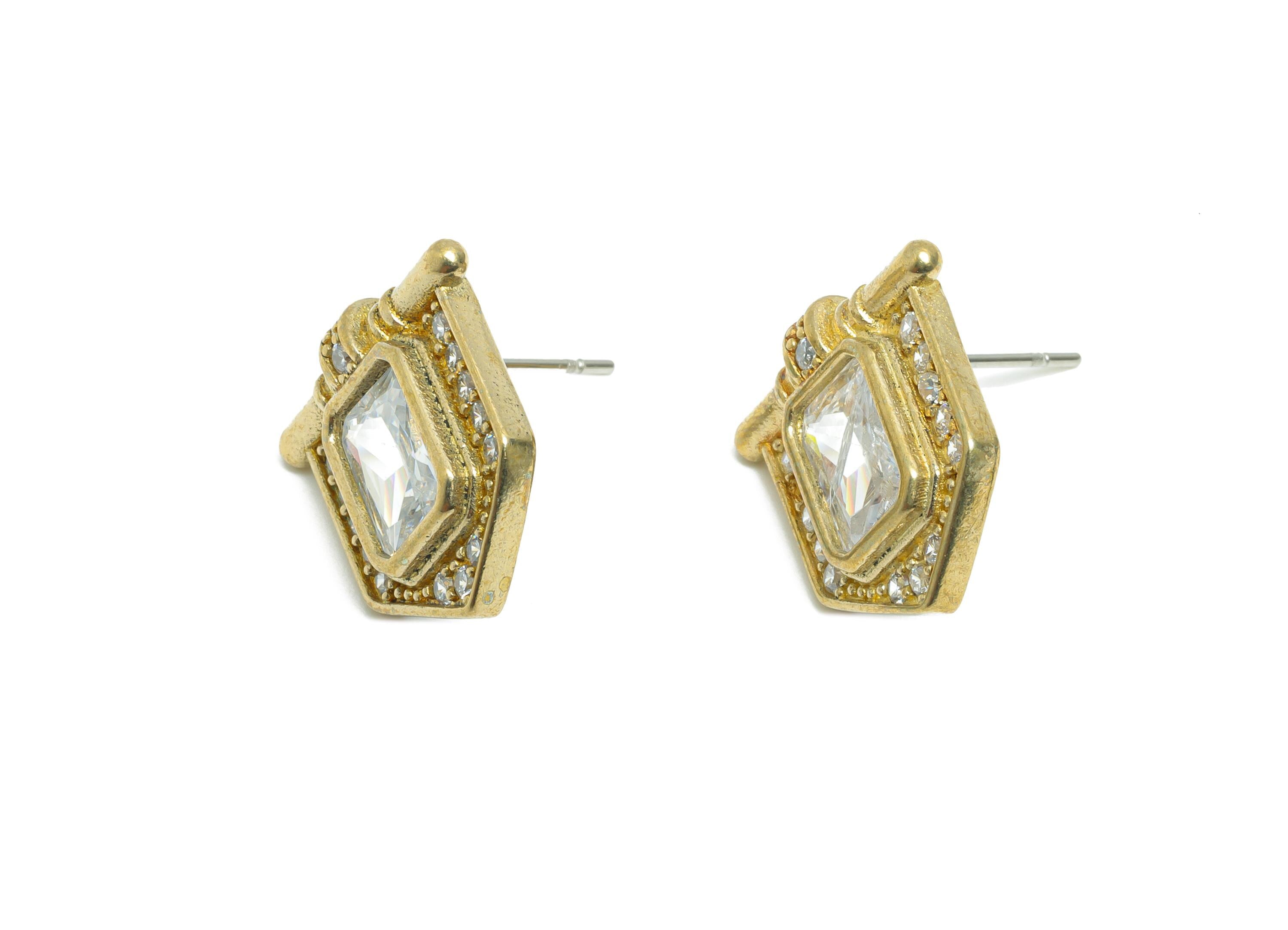 White Gemstone Stud Earring - Raw Brass Vintage Gemstone Stud - Zircon Earring Post - Dainty Fashion Jewelry Earring  -16x16x3mm - PP10984 - DOMEDBAZAAR