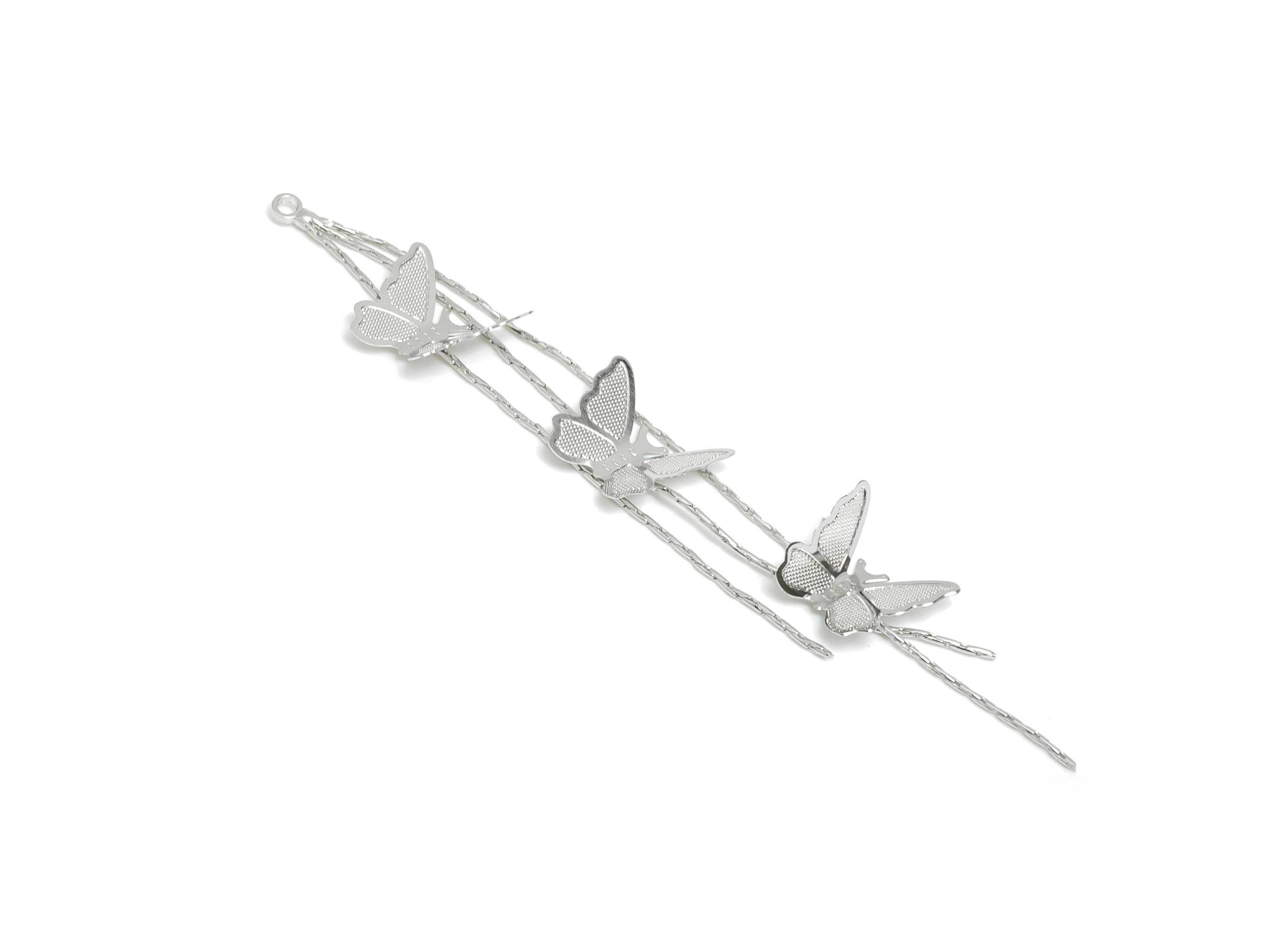 Butterfly Dangle Charms - Silver Dangling Butterfly Decoration - Graceful Butterfly Jewelry - 18K Real White Gold Plated -81x10x1mm-RGP9566S - DOMEDBAZAAR