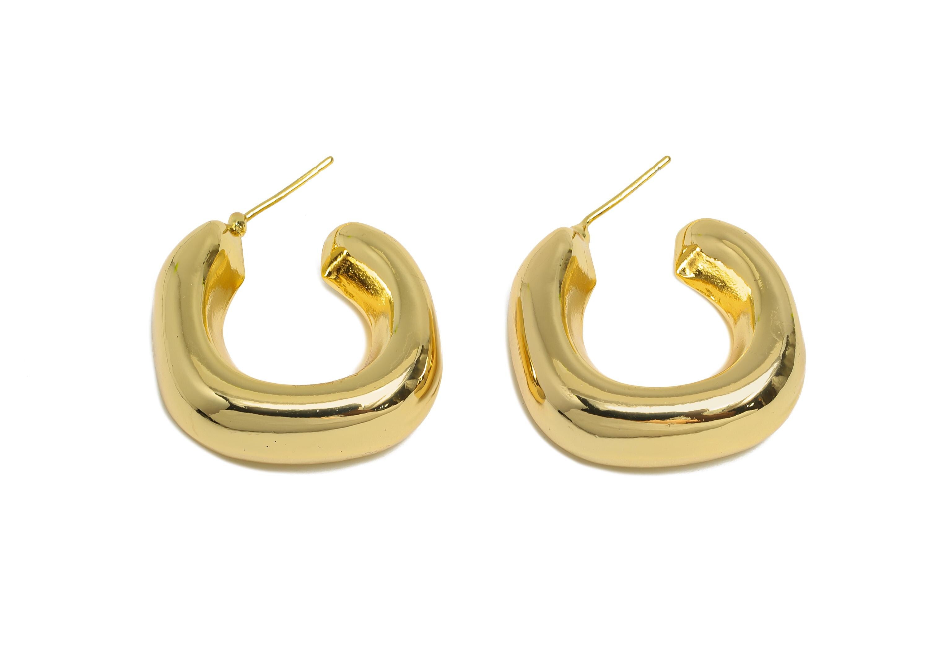 Brass Open C Hoop Earrings Post - Gold Thick Hoop Stud Earrings - Geometric Chunky Earrings - 18K Real Gold Plating - 27x25x9.5mm - RGP9500 - DOMEDBAZAAR