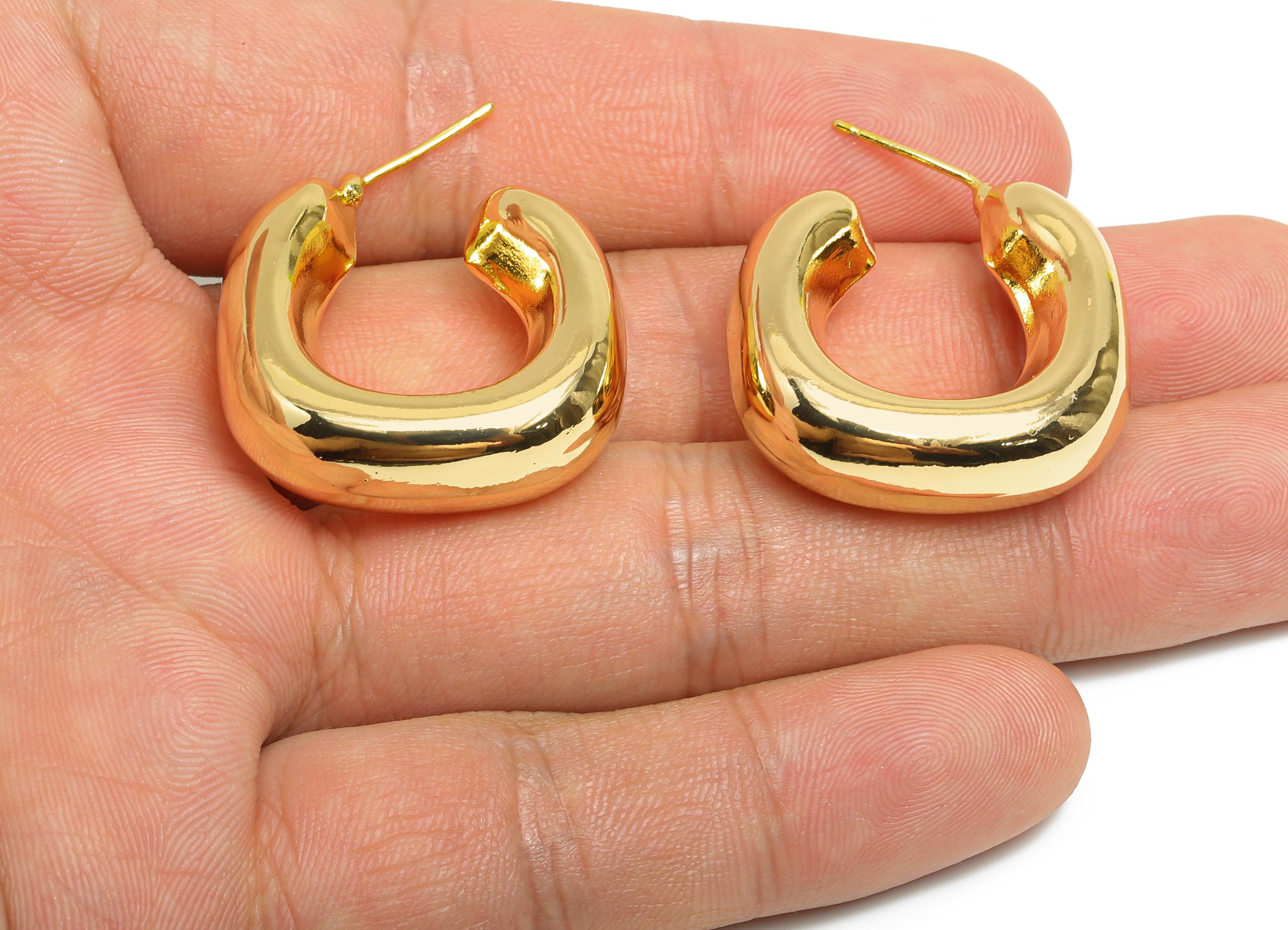 Brass Open C Hoop Earrings Post - Gold Thick Hoop Stud Earrings - Geometric Chunky Earrings - 18K Real Gold Plating - 27x25x9.5mm - RGP9500 - DOMEDBAZAAR