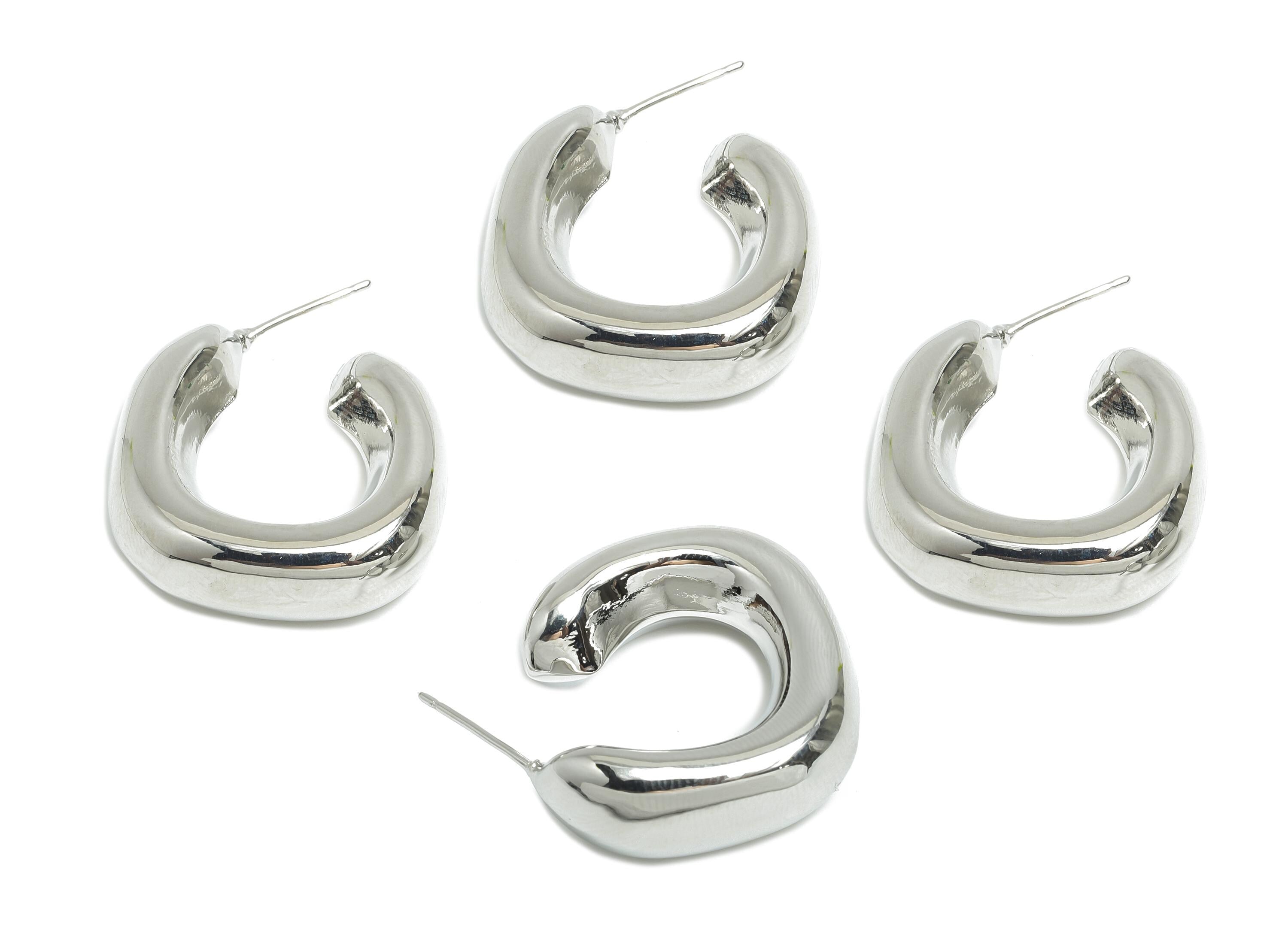 Brass Open C Hoop Earring Post - Silver Thick Hoop Stud Earring - Geometric Chunky Earring -18K Real White Gold Plated -27x25x9.5mm-RGP9500S - DOMEDBAZAAR