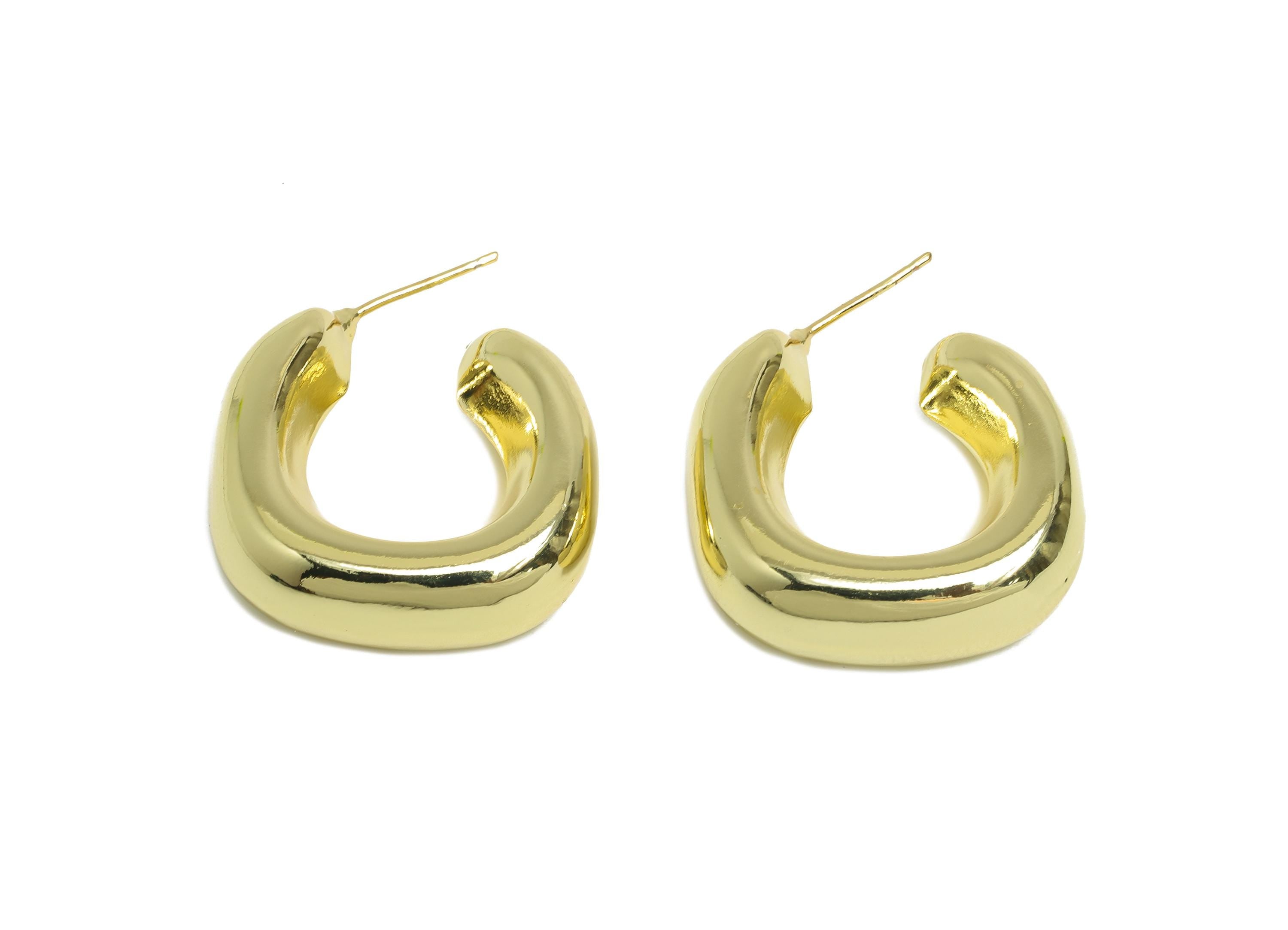 Brass Open C Hoop Earring Post - Gold Thick Hoop Stud Earrings - Geometric Chunky Earrings - 14K Real Gold Plated - 27x25x9.5mm - RGP9500-14 - DOMEDBAZAAR