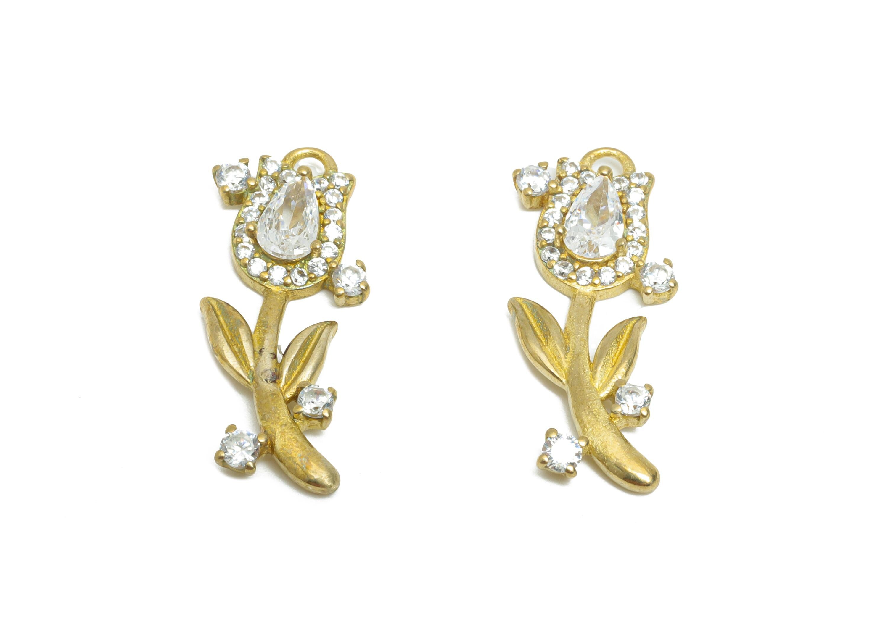Brass Dainty Rhinestone Earring Charm - Raw Brass Crystal Flower Pendant - Sparkling Teardrop Tulip Earring Charm - 21x8x2mm - PP11066 - DOMEDBAZAAR