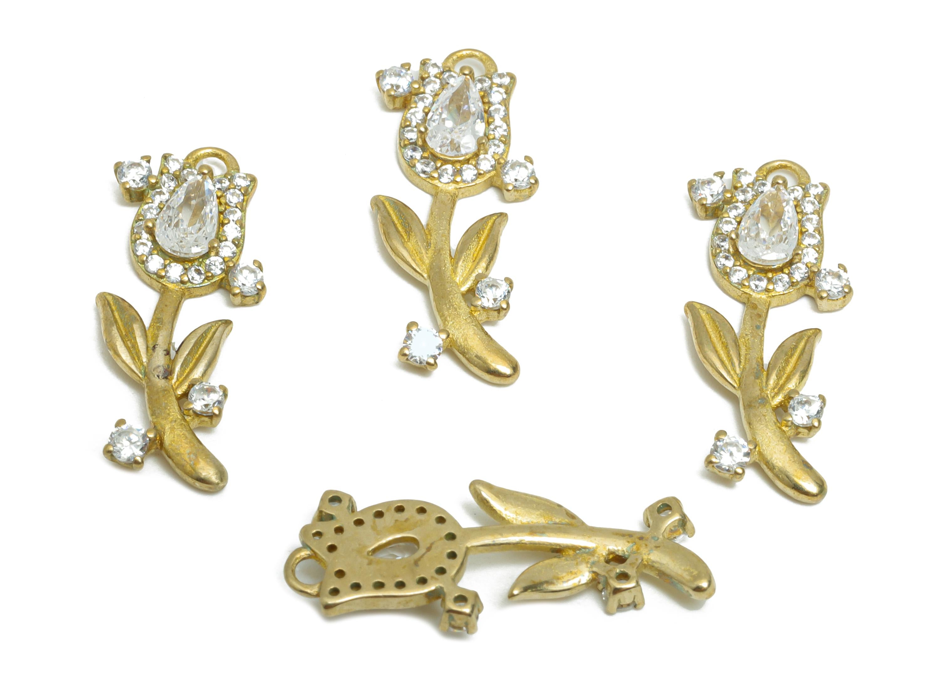Brass Dainty Rhinestone Earring Charm - Raw Brass Crystal Flower Pendant - Sparkling Teardrop Tulip Earring Charm - 21x8x2mm - PP11066 - DOMEDBAZAAR