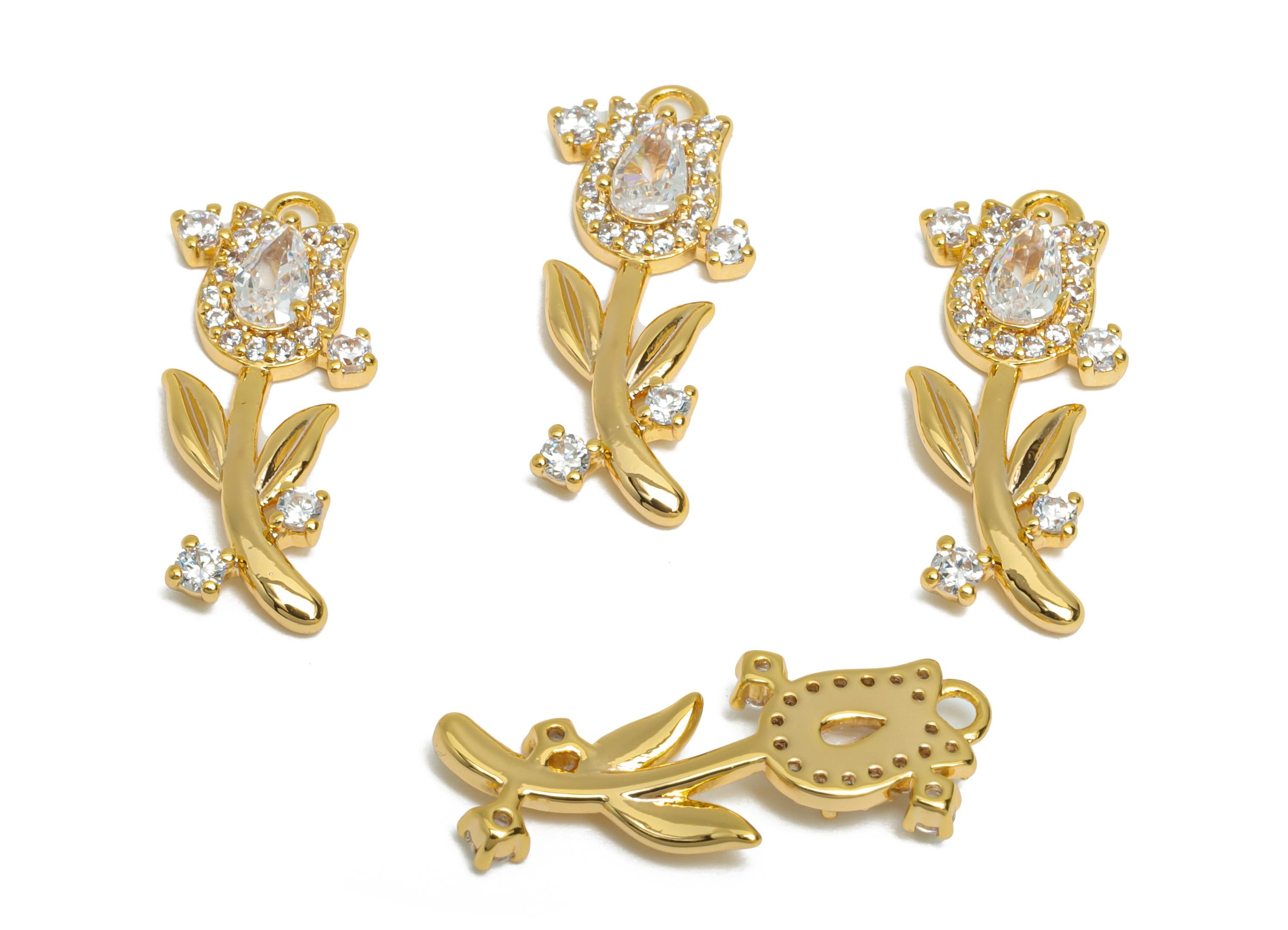 Brass Dainty Rhinestone Earring Charm - Brass Crystal Flower Pendant - Gold Sparkling Teardrop Tulip Earring Charm - 21x8x2mm - RGP10407 - DOMEDBAZAAR