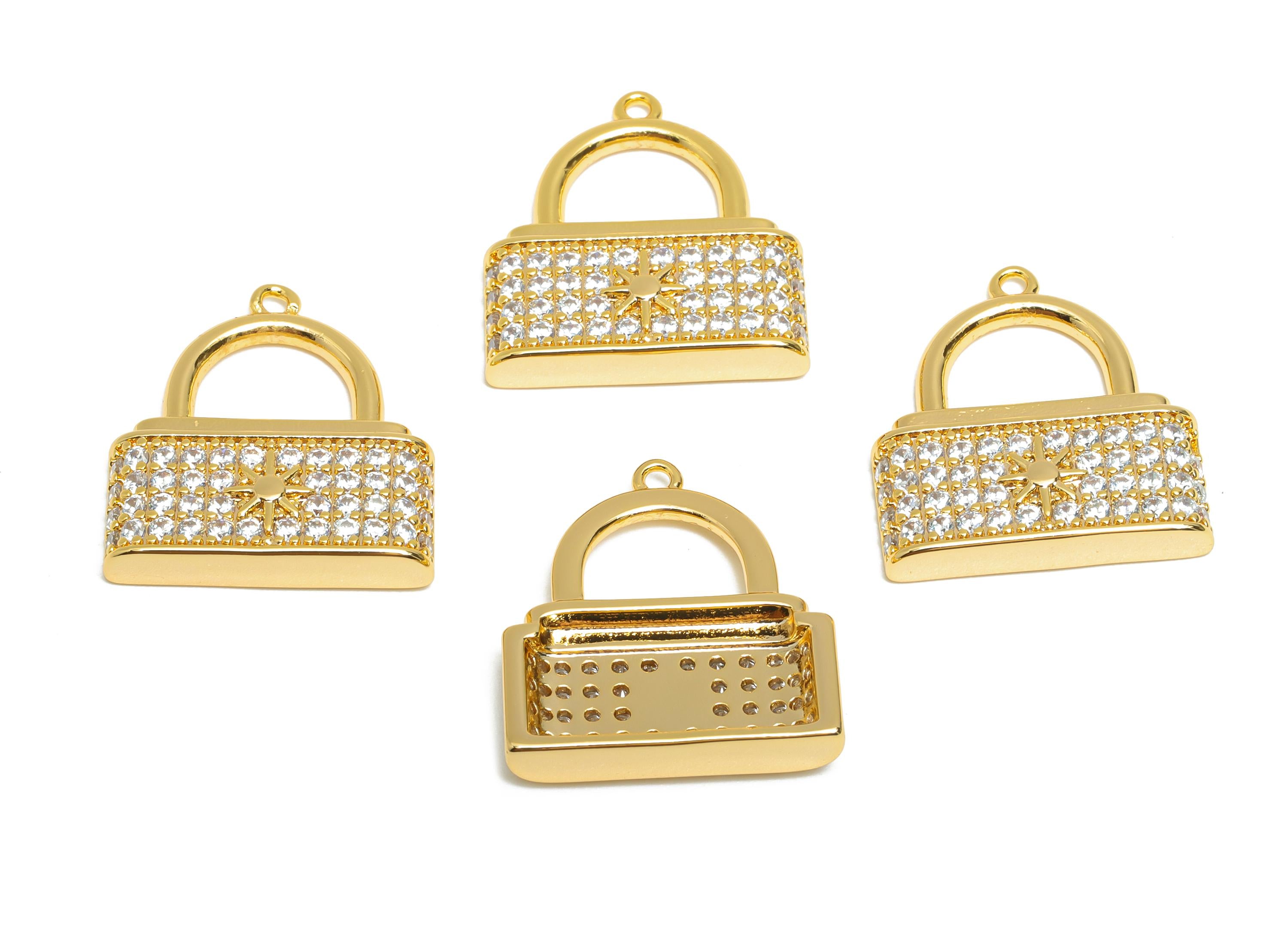 Rhinestone-Encrusted Lock Charm - Brass Trendy Pendant - Sparkling Earring Charm - Gold Decorative Cubic Zircon Lock - 20x18x3mm - RGP10398 - DOMEDBAZAAR