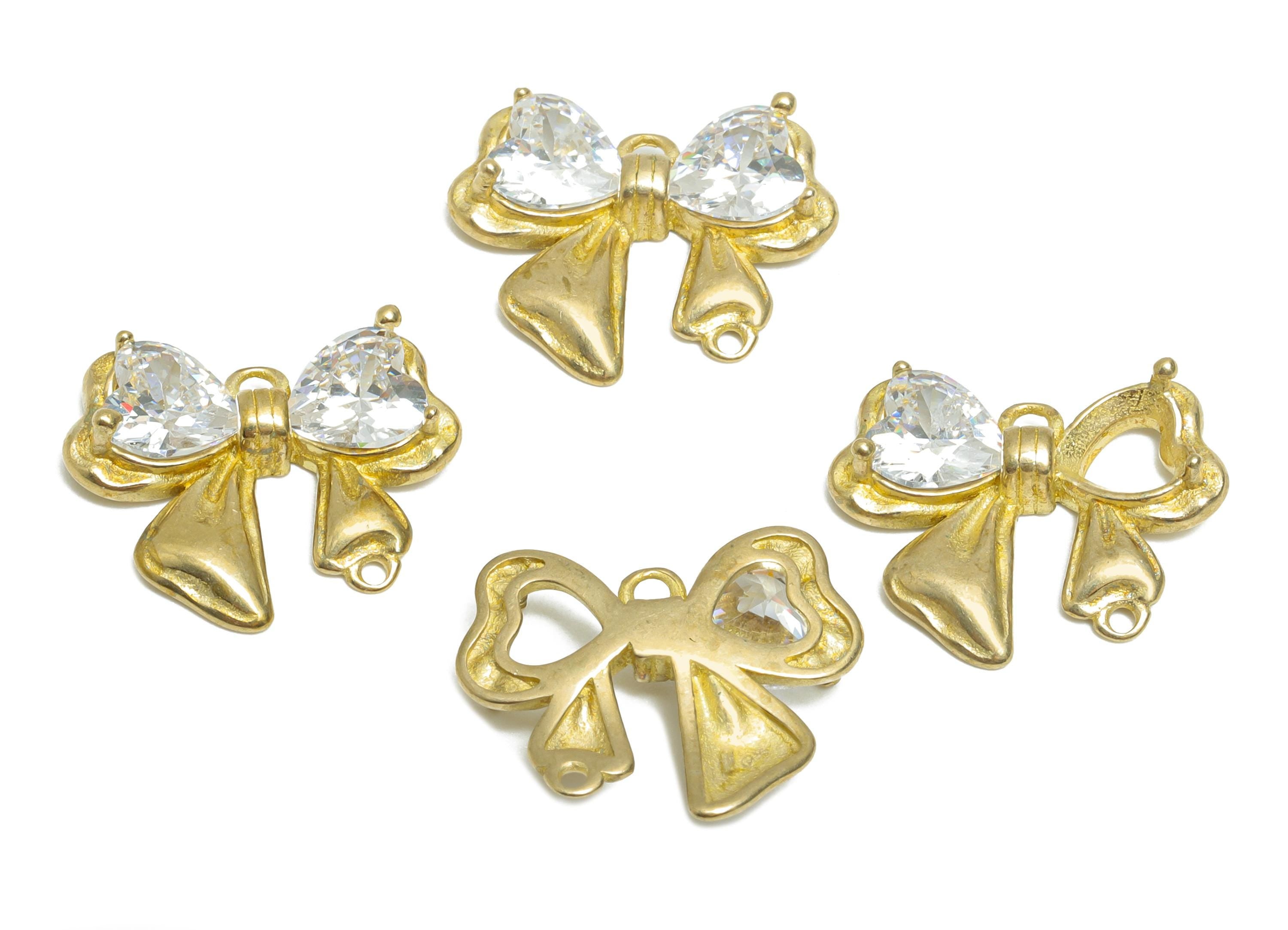 Sparking Crystal Bow Charm - Raw Brass Bow Jewelry Accessory - Rhinestone Embellished Ribbon Bow Pendant With Loop - 14x14x3mm - PP11057 - DOMEDBAZAAR