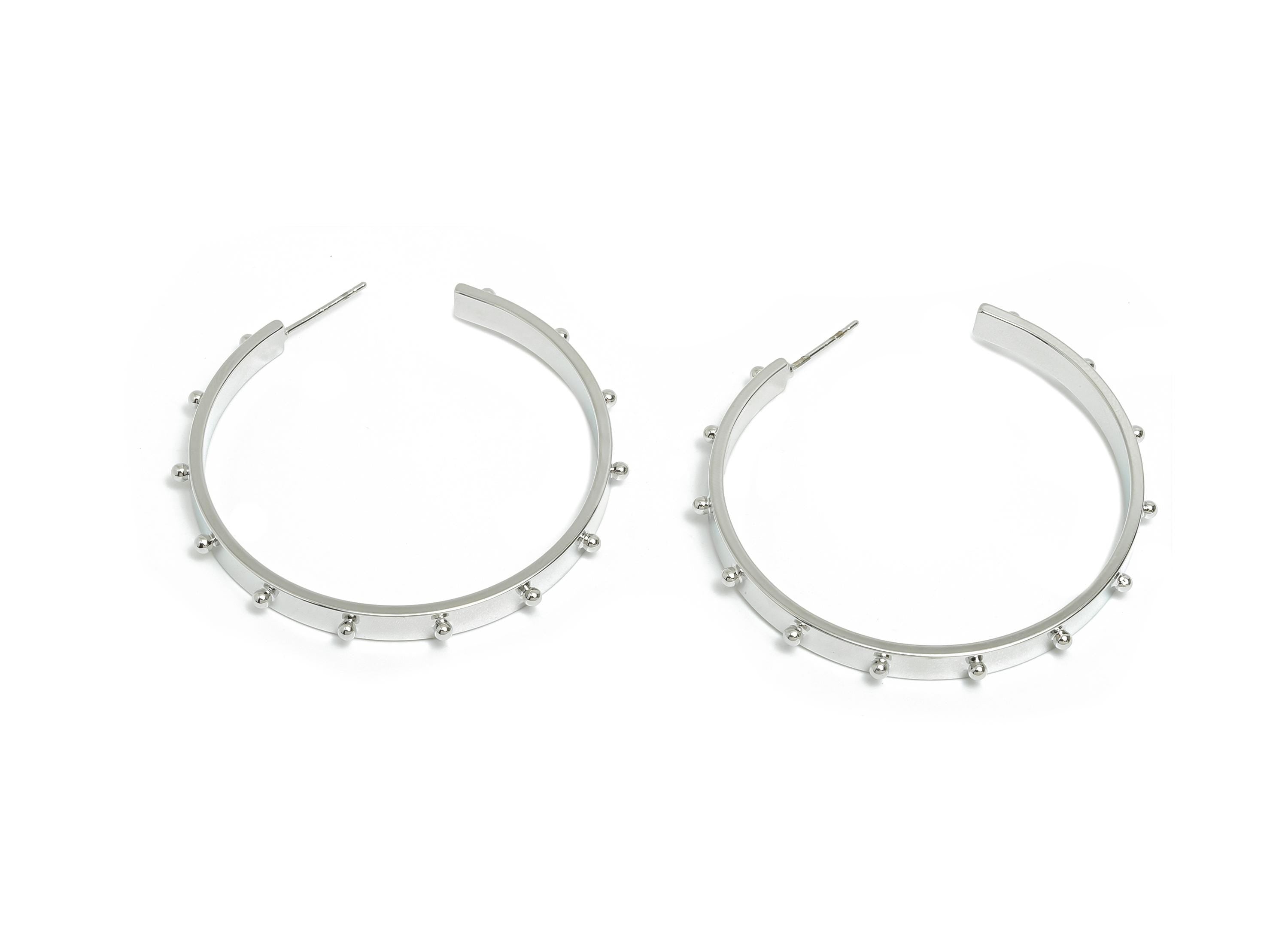 Brass Open C Hoop Earring - Silver Studded Wide Hoop Earring Stud - Brass Sleek Earring Post -18K White Gold Plated -46.8x4.5x7.6mm-RGP9525S - DOMEDBAZAAR