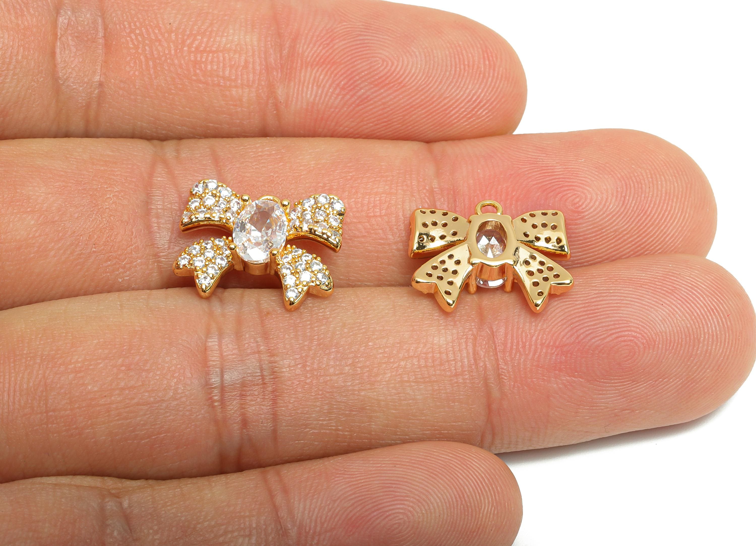 Sparking Crystal Bow Charm - Gold Brass Oval Ribbon Jewelry Accessory - Brass Charming Geometry Ribbon Bow Pendant - 15x12x3.6mm - RGP10409 - DOMEDBAZAAR