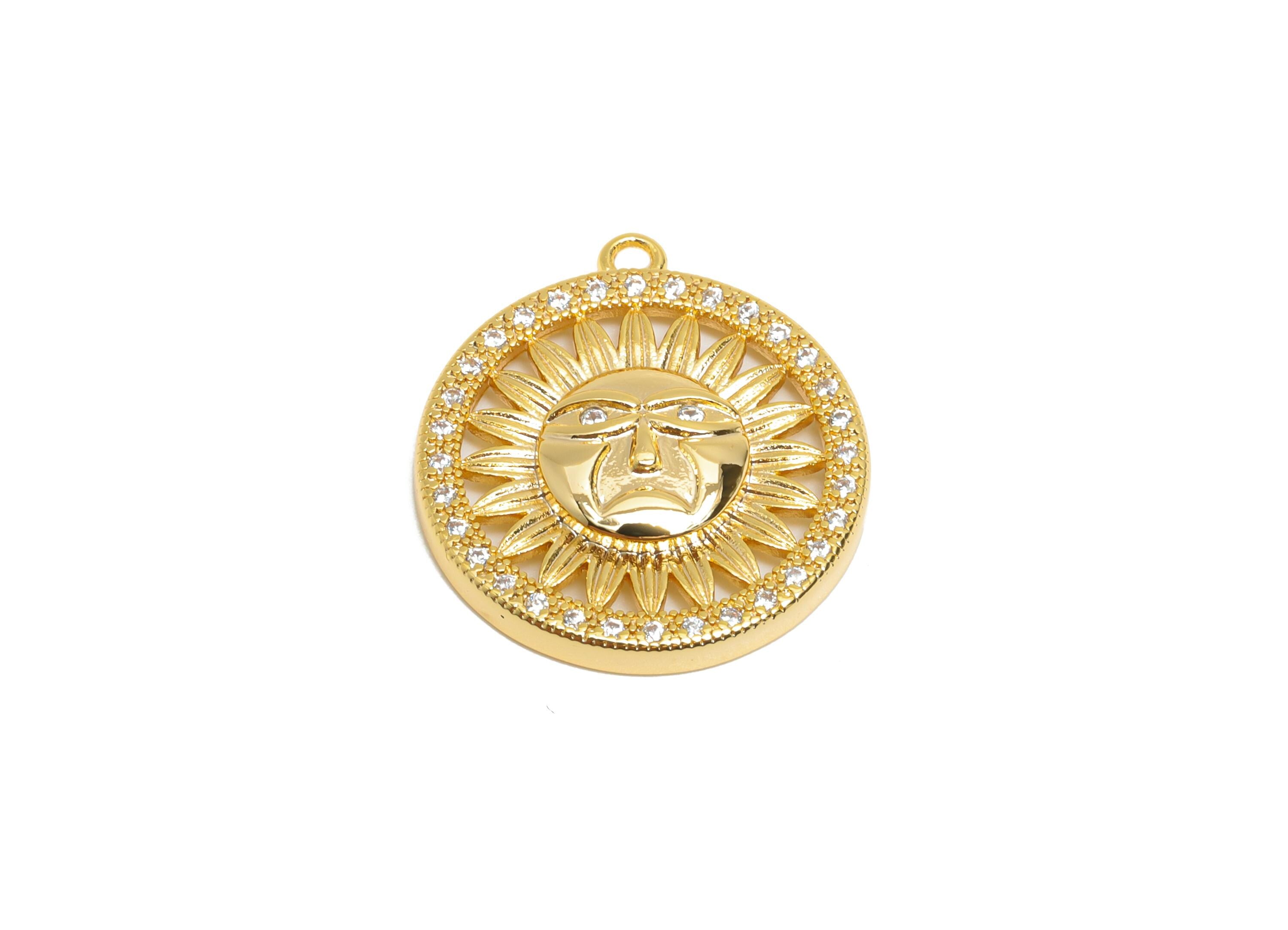 Sparking Crystal Charm - Gold Brass Boho Sun Jewelry - Brass Sun Motif Pendant - Sunburst Rhinestone Pendant - 21x19x3mm - RGP10394 - DOMEDBAZAAR