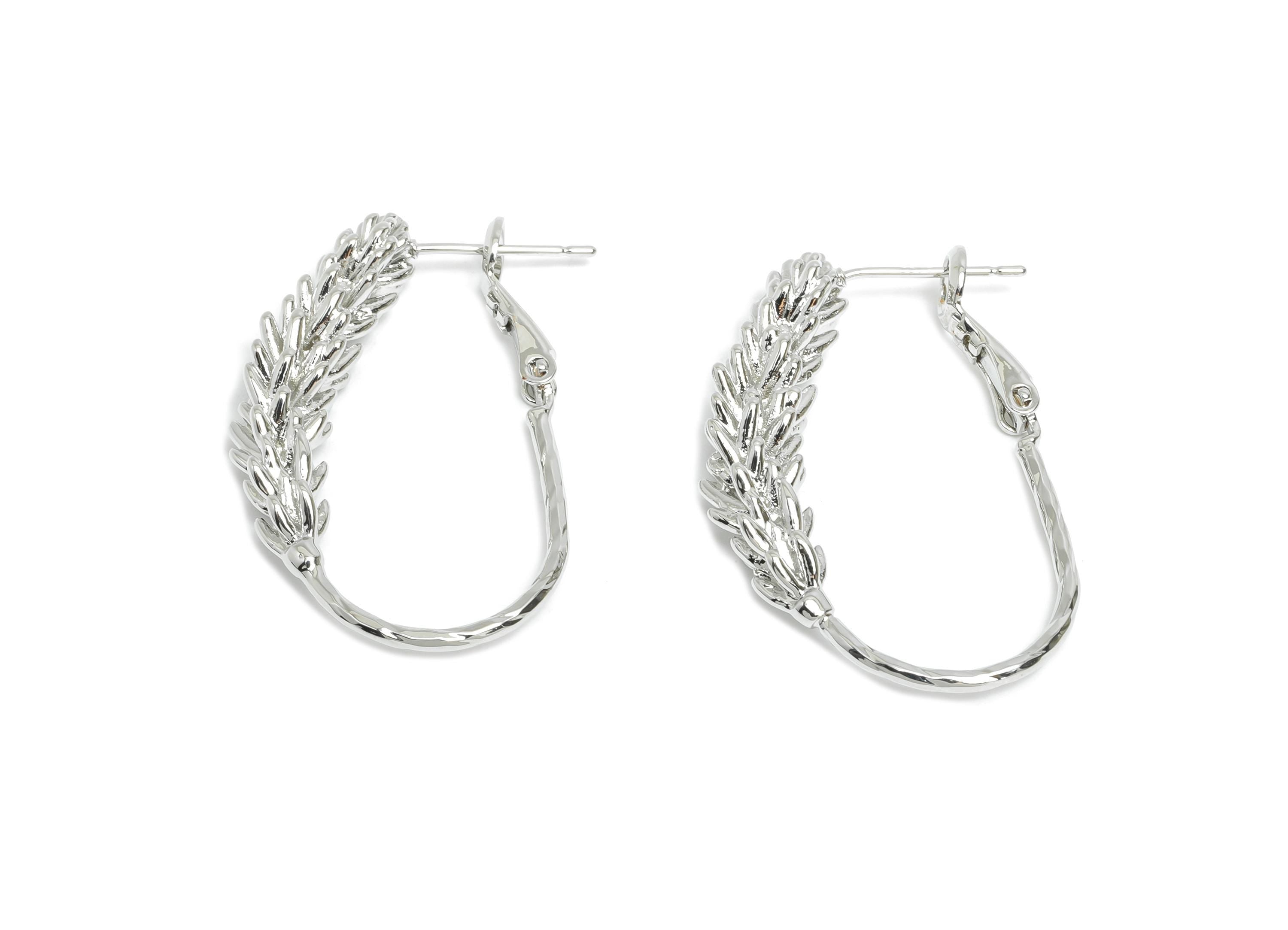 Brass Wheat Ears Earring - Silver Textured Plant Earring - Delicate Clasp Back Earring - 18K Real White Gold-Plated - 33x21x5.8mm - RGP9528S - DOMEDBAZAAR