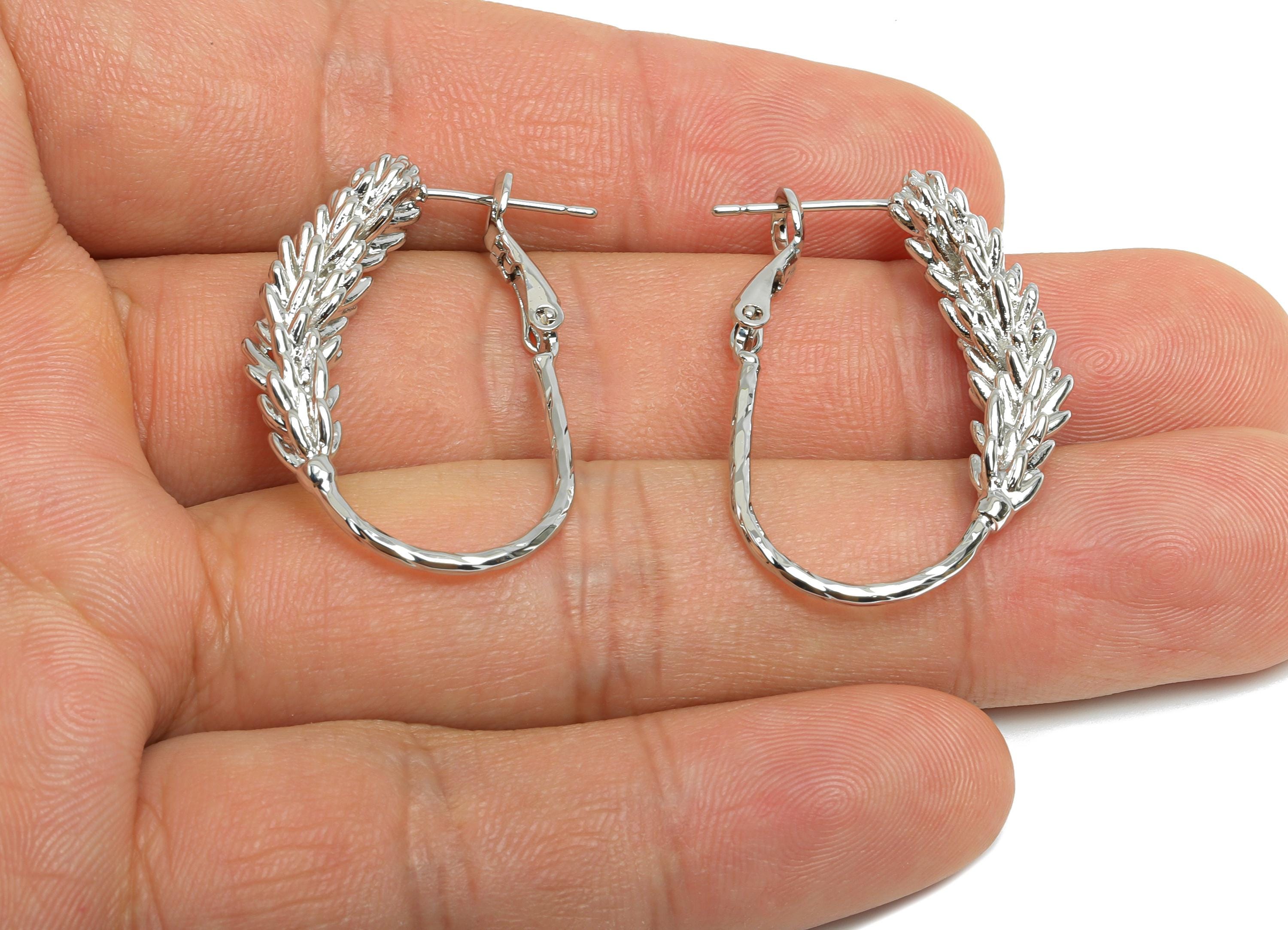 Brass Wheat Ears Earring - Silver Textured Plant Earring - Delicate Clasp Back Earring - 18K Real White Gold-Plated - 33x21x5.8mm - RGP9528S - DOMEDBAZAAR