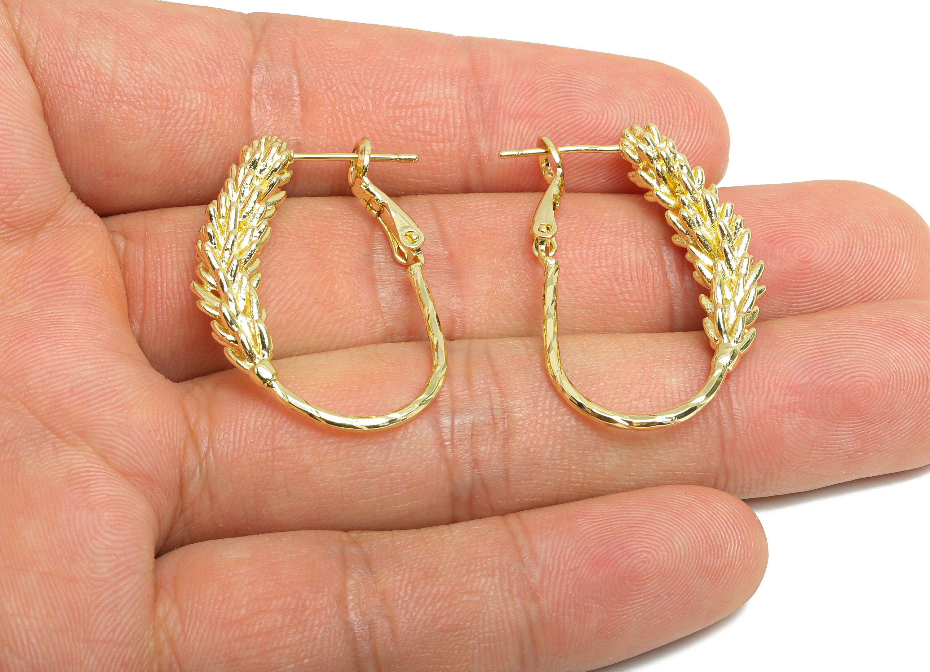 Brass Wheat Ears Earring - Gold Textured Plant Earring - Delicate Clasp Back Earrings - 14K Real Gold-Plated Brass - 33x21x5.8mm -RGP9528-14 - DOMEDBAZAAR