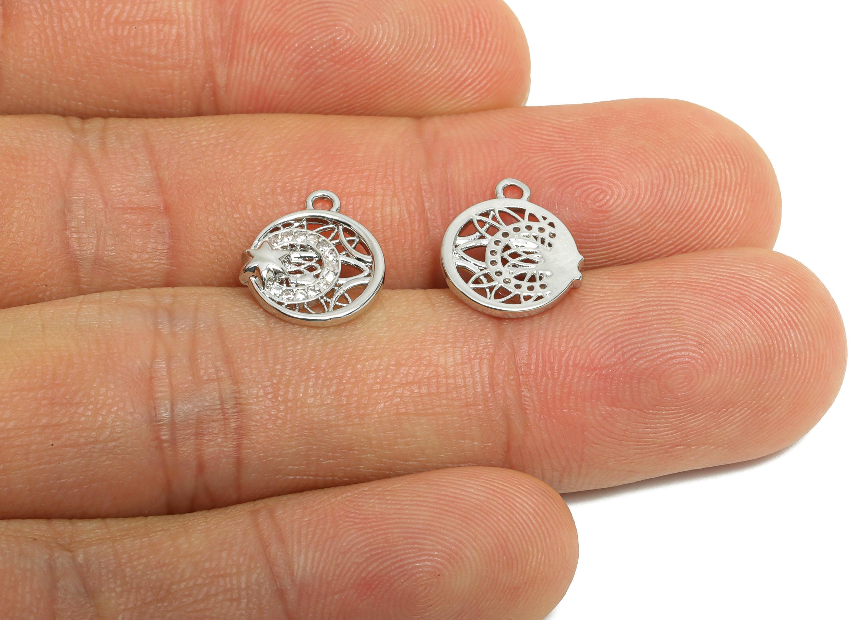 Brass Crescent Star Earring Charm - Shimmering Cubic Zircon Charm - Dazzling Charm - 18K Real White Gold Plated - 12x11x2mm - RGP9888S - DOMEDBAZAAR