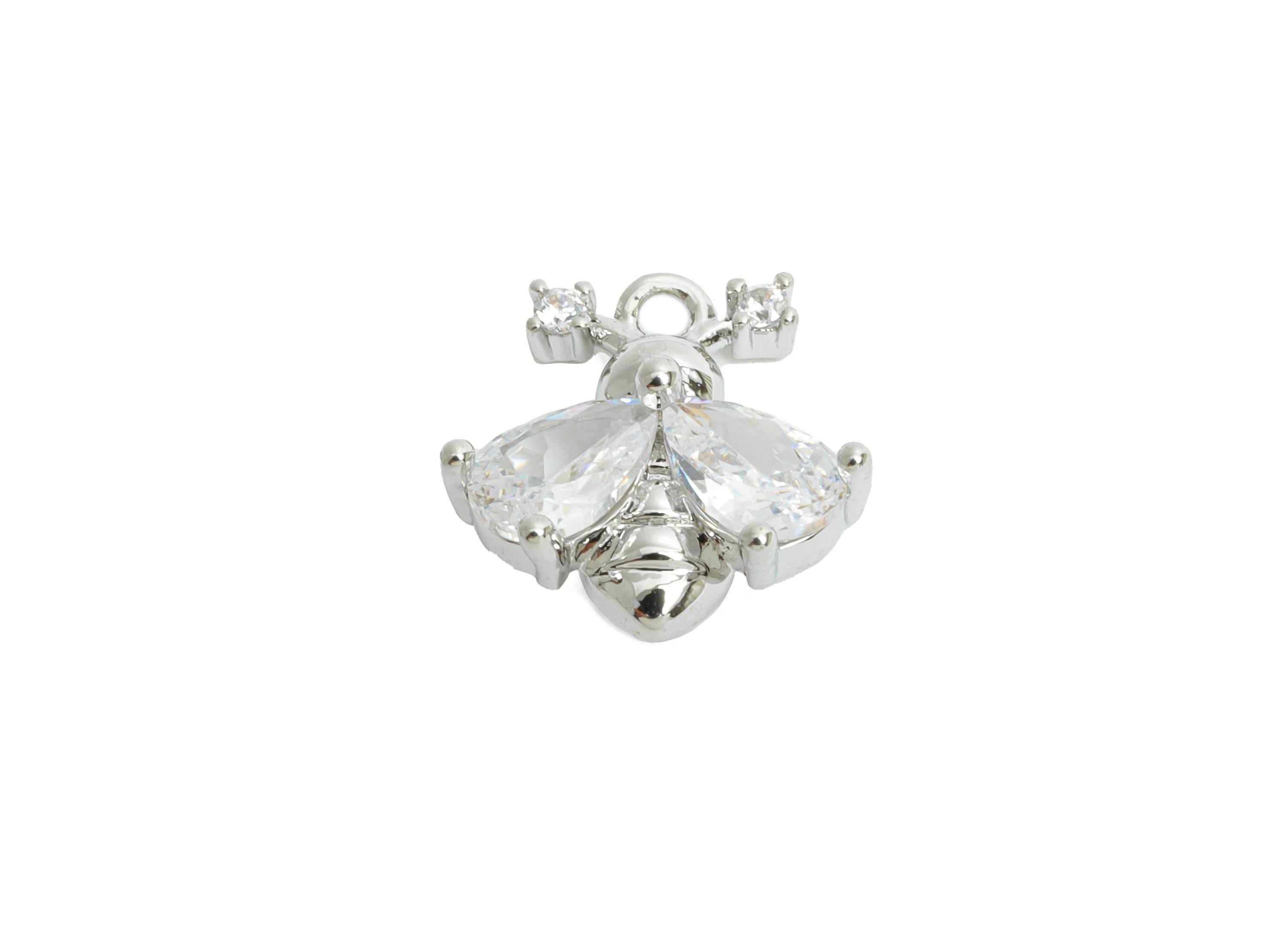 Brass Bee Earring Charm - Sparking Teardrop Faceted Cubic Zircon Charm - Insect Mini Charm - 18K Real White Gold Plated - 11x11x4mm-RGP9917S - DOMEDBAZAAR