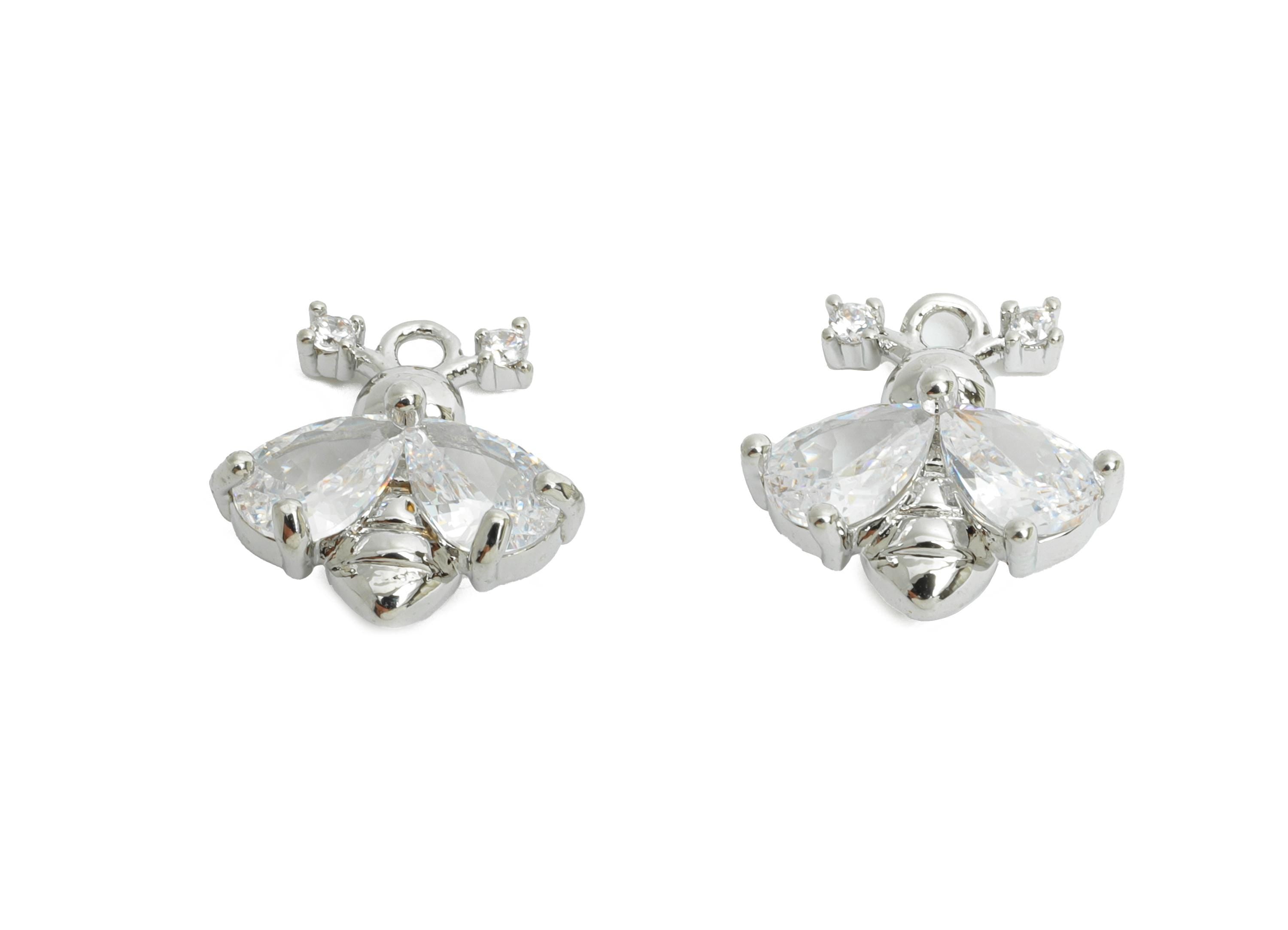 Brass Bee Earring Charm - Sparking Teardrop Faceted Cubic Zircon Charm - Insect Mini Charm - 18K Real White Gold Plated - 11x11x4mm-RGP9917S - DOMEDBAZAAR